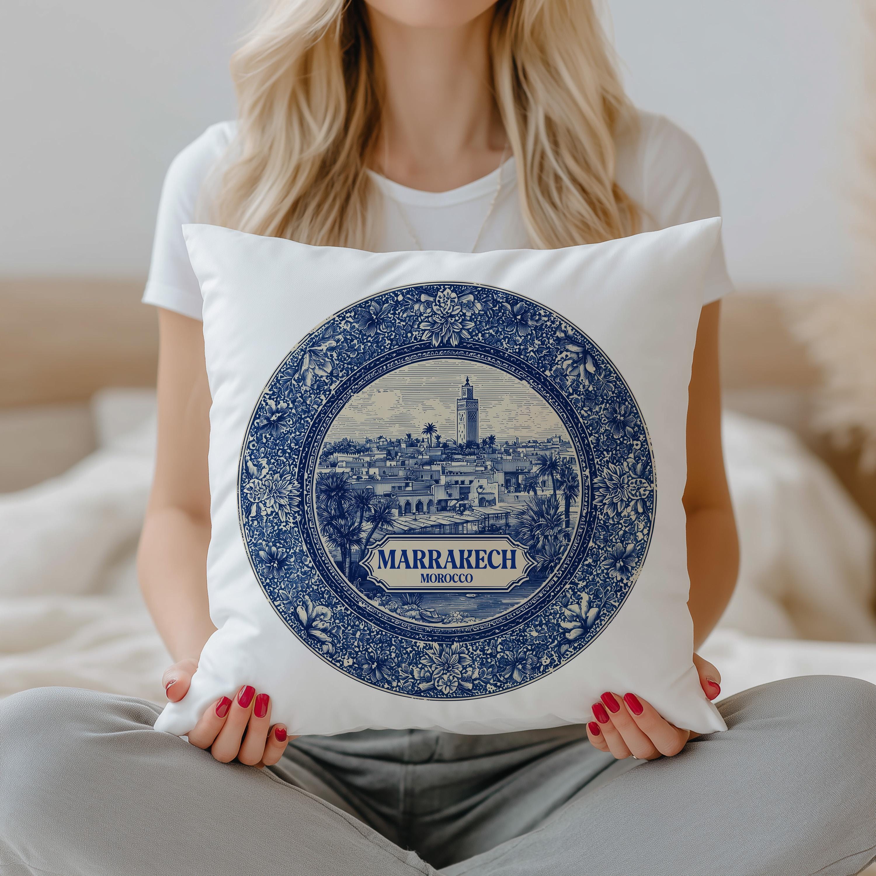 Marrakech Morocco Pillowcase, Delft Style Decorative Throw Pillow, Vintage Cityscape Retro Home Decor