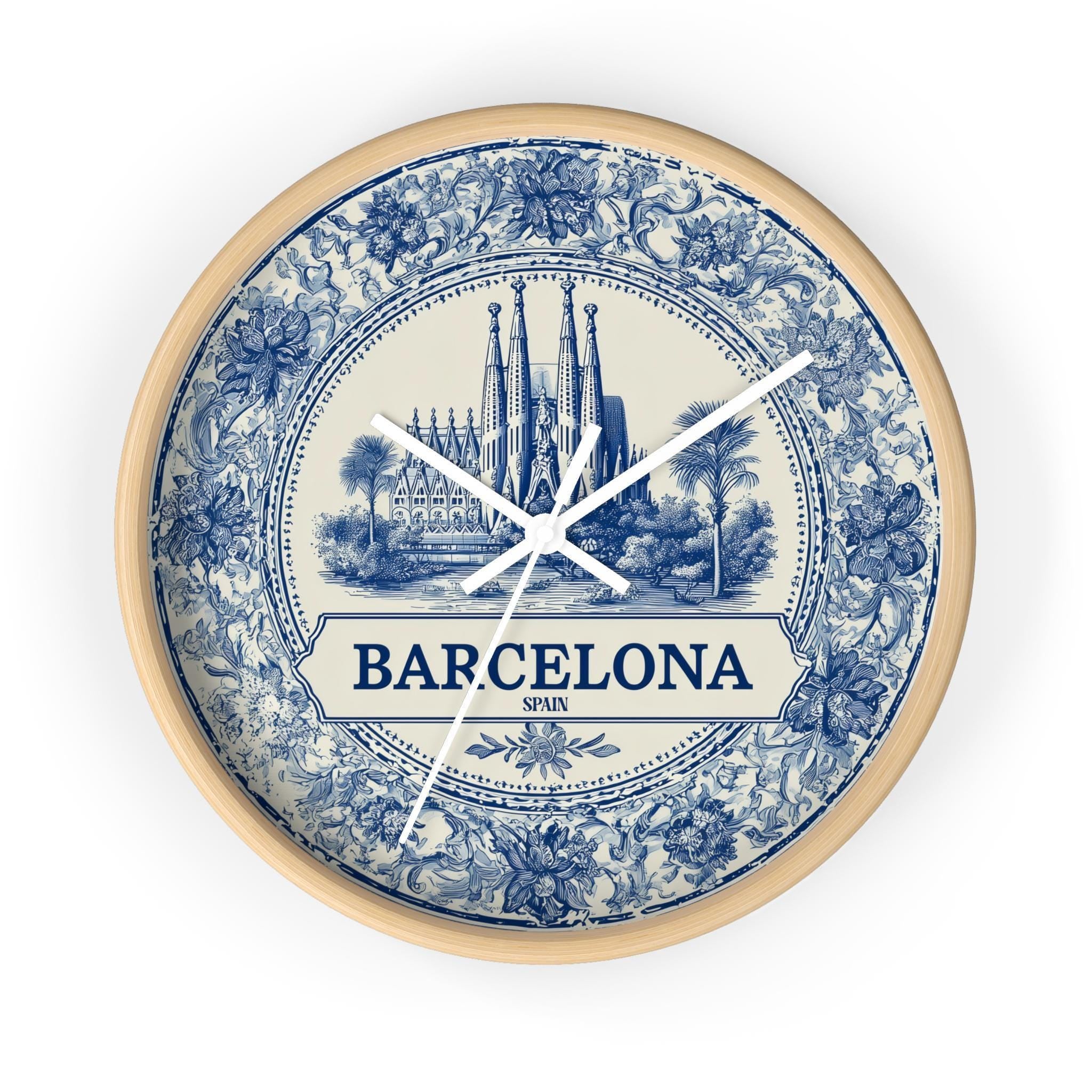 Barcelona Spain Wall Clock, Delf style Home Decor, Vintage City Travel Keepsake Art