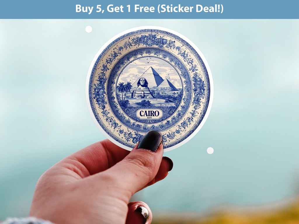 Cairo Egypt Sticker Vintage Delft style, Delftware Decal Waterproof Vinyl, Blue City Travel Collection