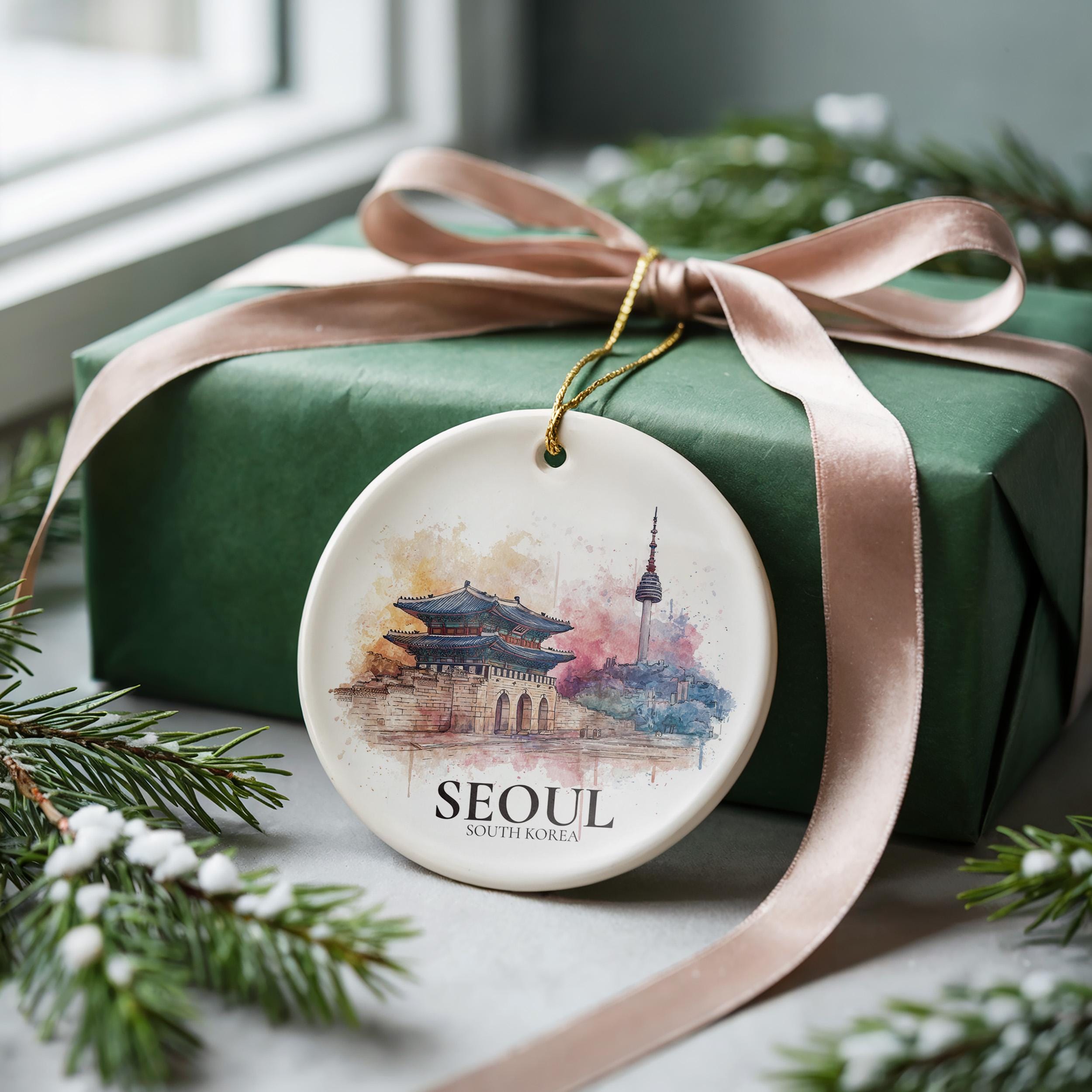Seoul South Korea Personalized Watercolor Ornament, Custom Ceramic Christmas gift, Travel Keepsake