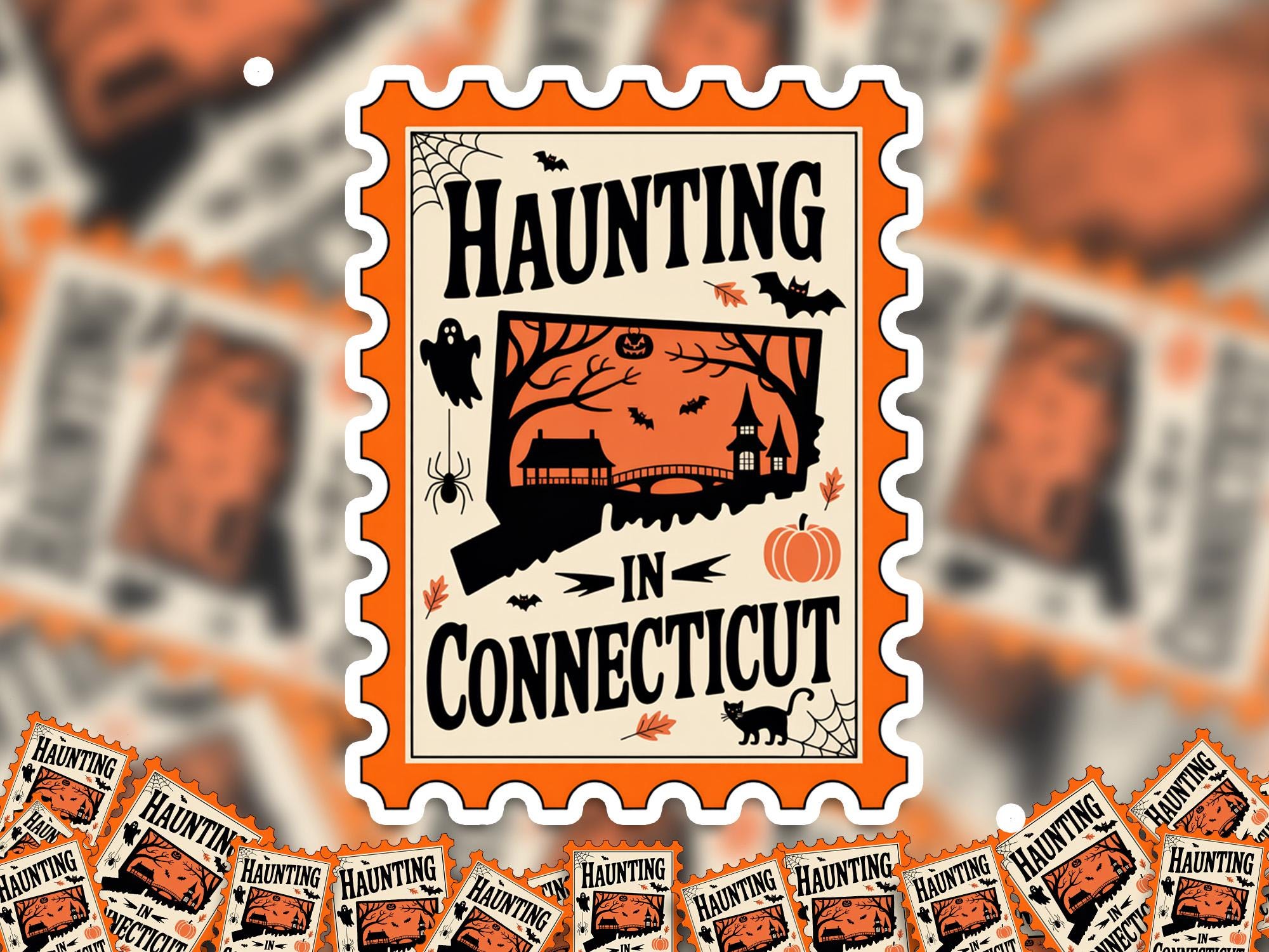 Connecticut Stamp Halloween Sticker, Spooky USA Kiss-Cut Vinyl, Waterproof Decal, United States Travel