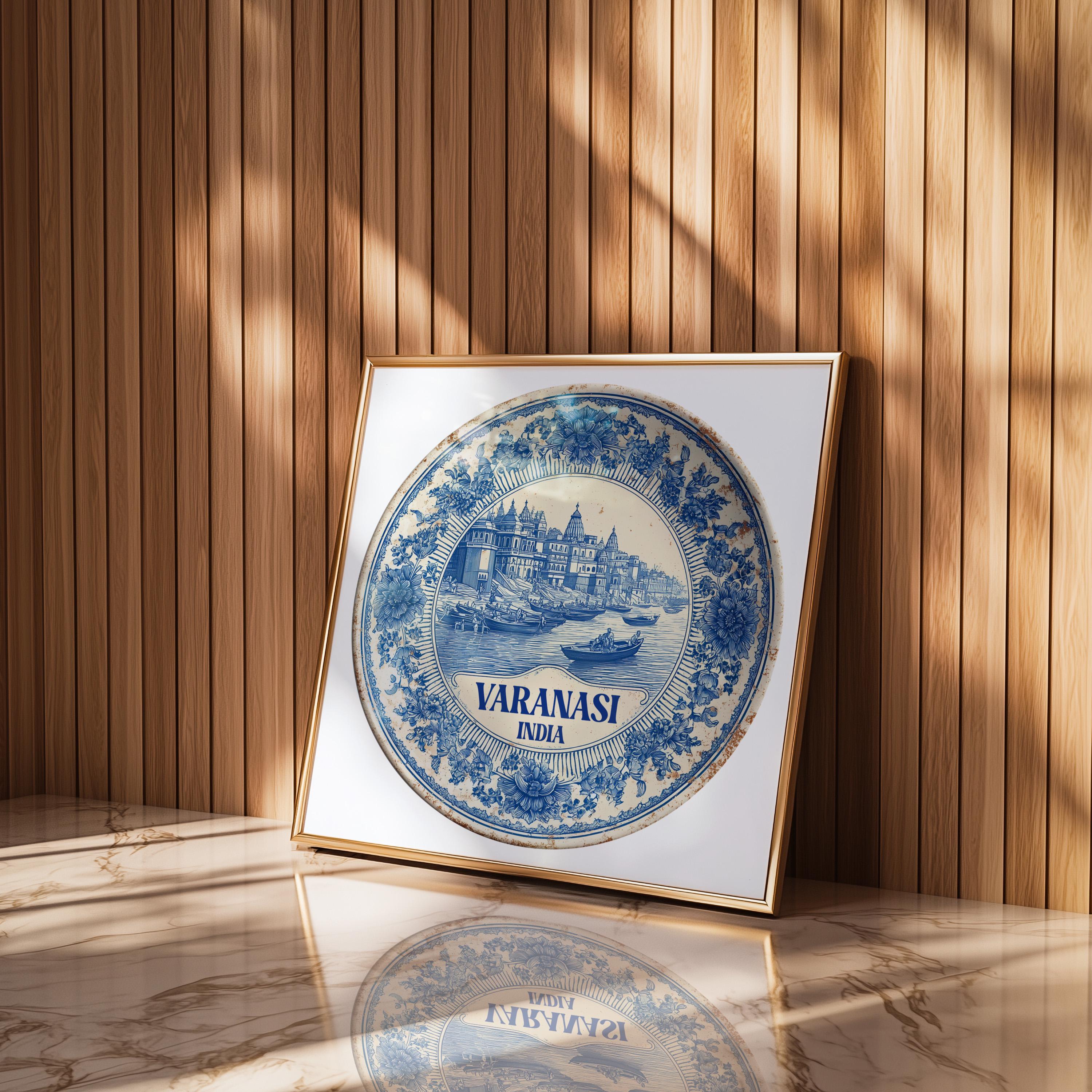 Varanasi India Wall Art, Vintage Delft Blue Poster, City Print, Travel Home Decor