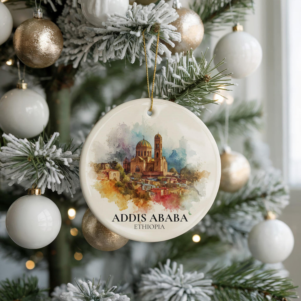 Addis Ababa Ethiopia Personalized Watercolor Ornament, Custom Ceramic Christmas gift, Travel Keepsake