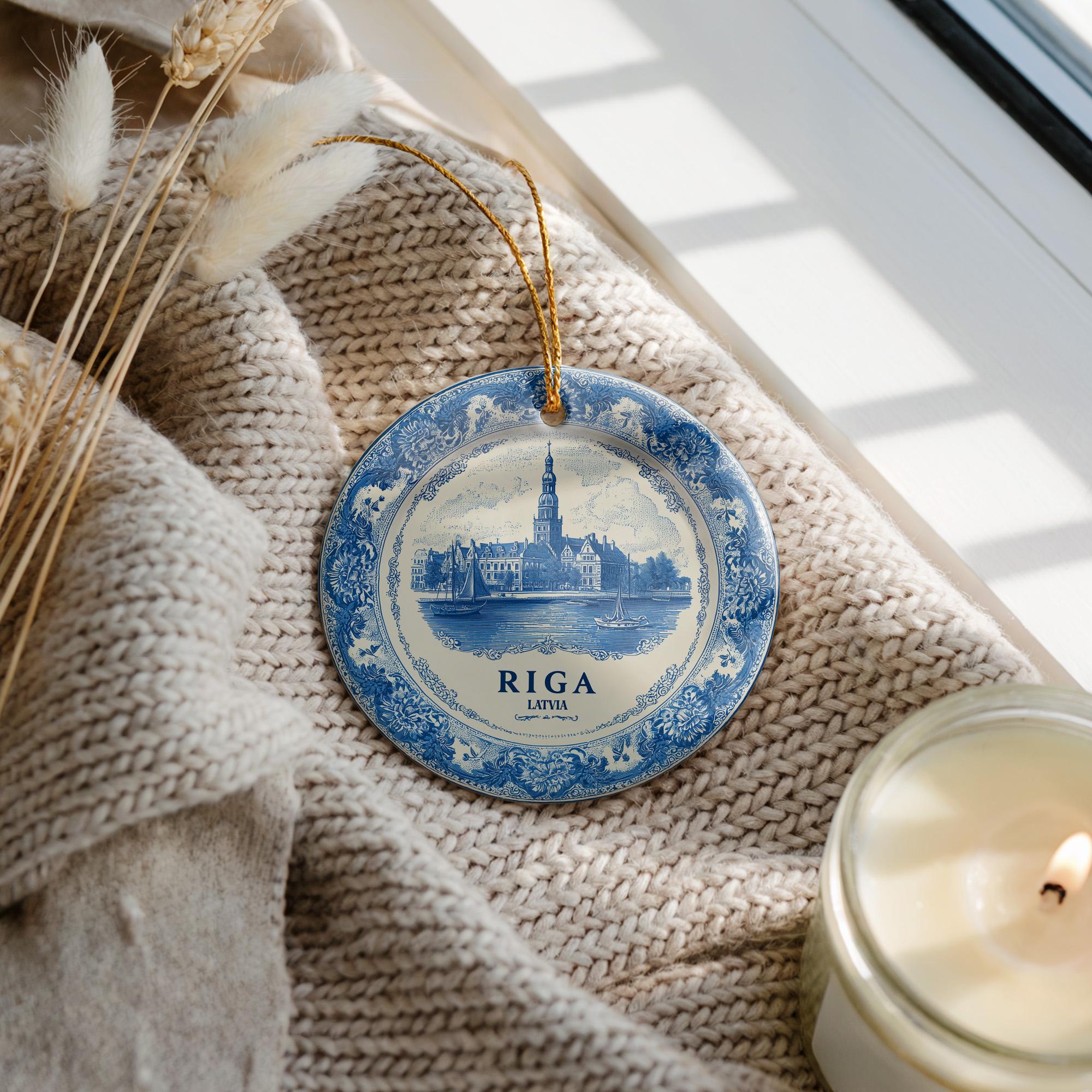 Custom Riga Latvia Ceramic Delft Ornament, Christmas Delftware Blue Delftware city travel