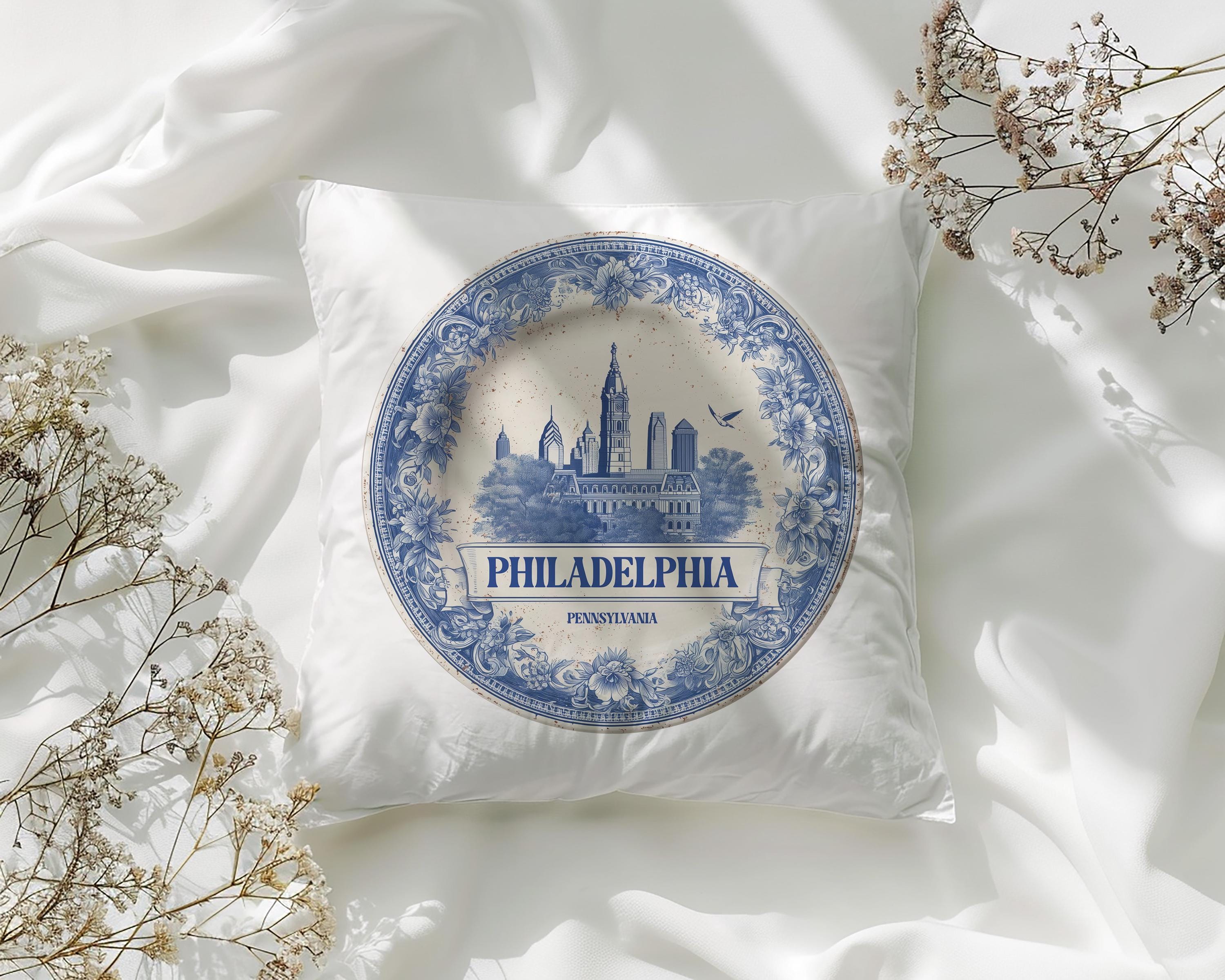 Philadelphia Pennsylvania Pillowcase, Delft Style Decorative Throw Pillow, Vintage Cityscape Retro Home Decor