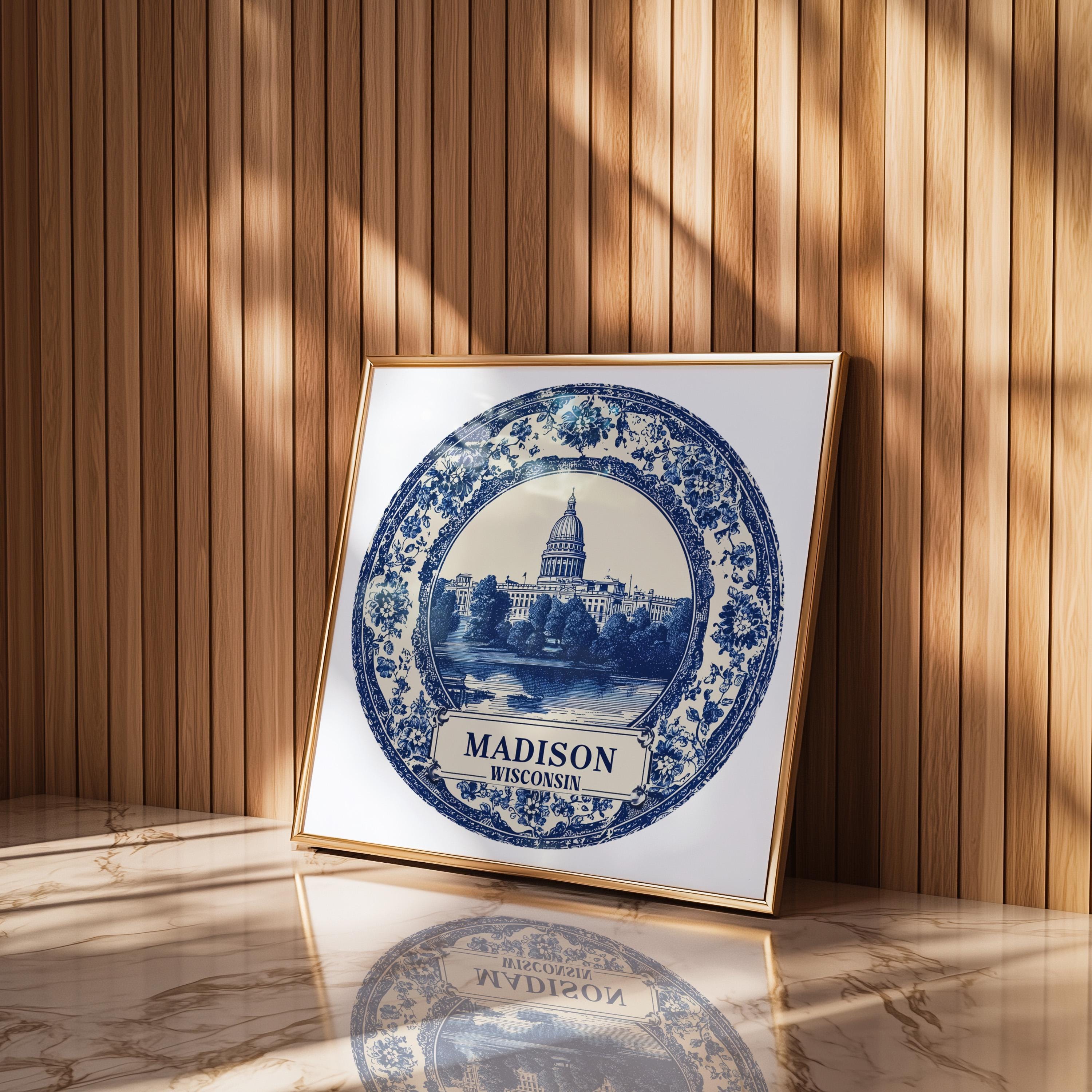 Madison Wisconsin Wall Art, Vintage Delft Blue Poster, City Print, Travel Home Decor