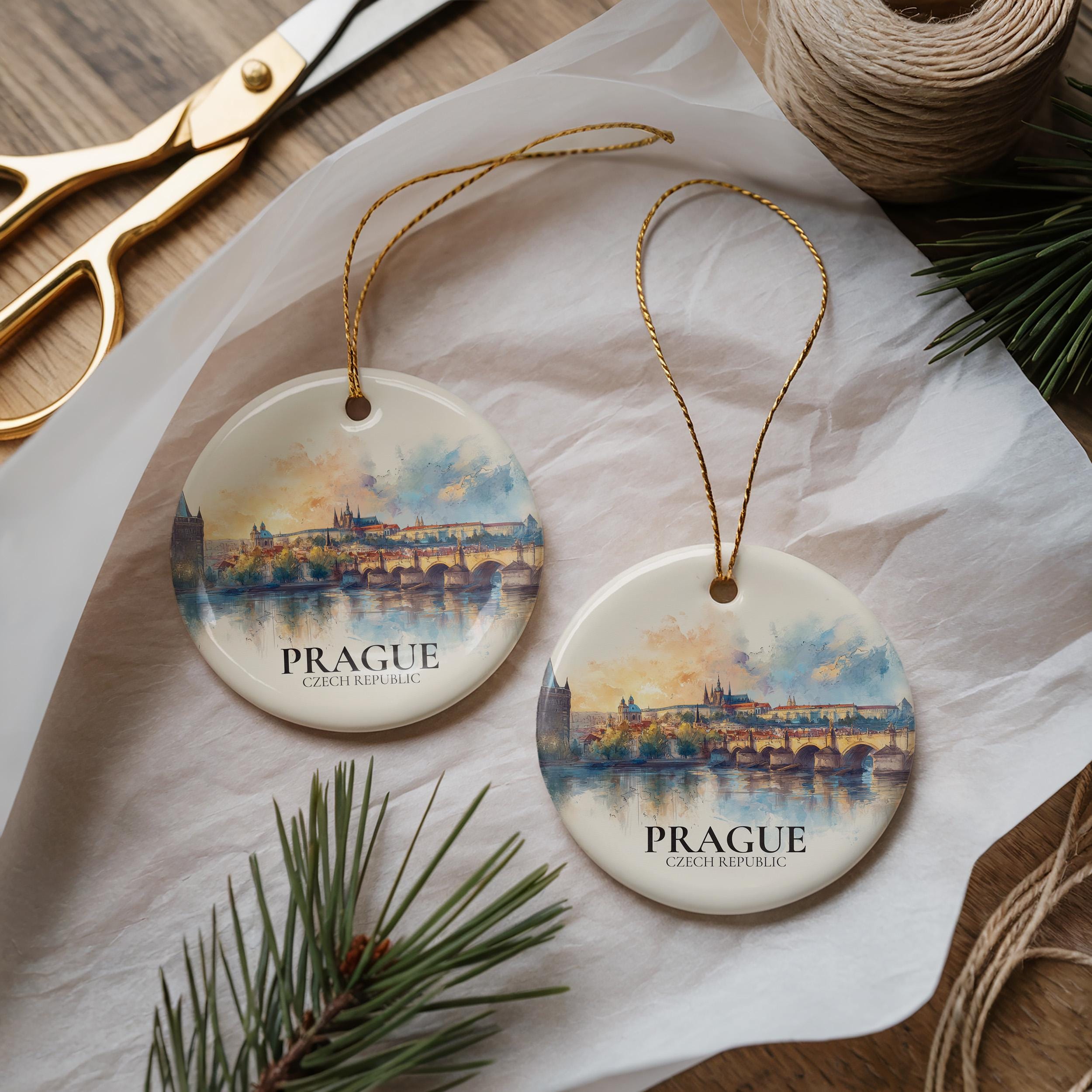 Prague Czech Republic Custom Watercolor Ornament, Personalized Ceramic Christmas gift, Travel Keepsake