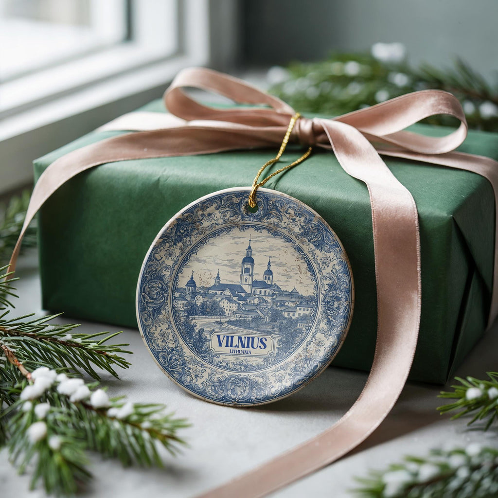 Custom Vilnius Lithuania Ceramic Delft Ornament, Christmas Delftware Blue Delftware city travel