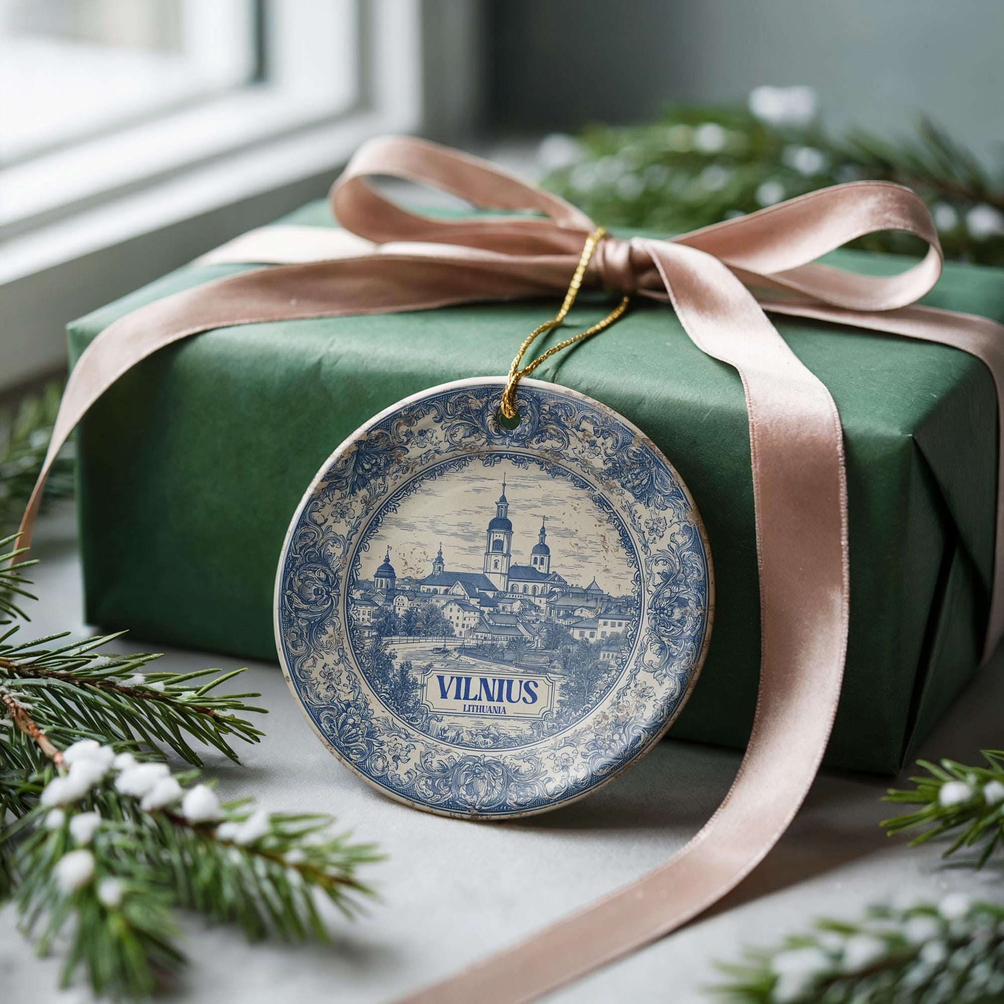 Custom Vilnius Lithuania Ceramic Delft Ornament, Christmas Delftware Blue Delftware city travel