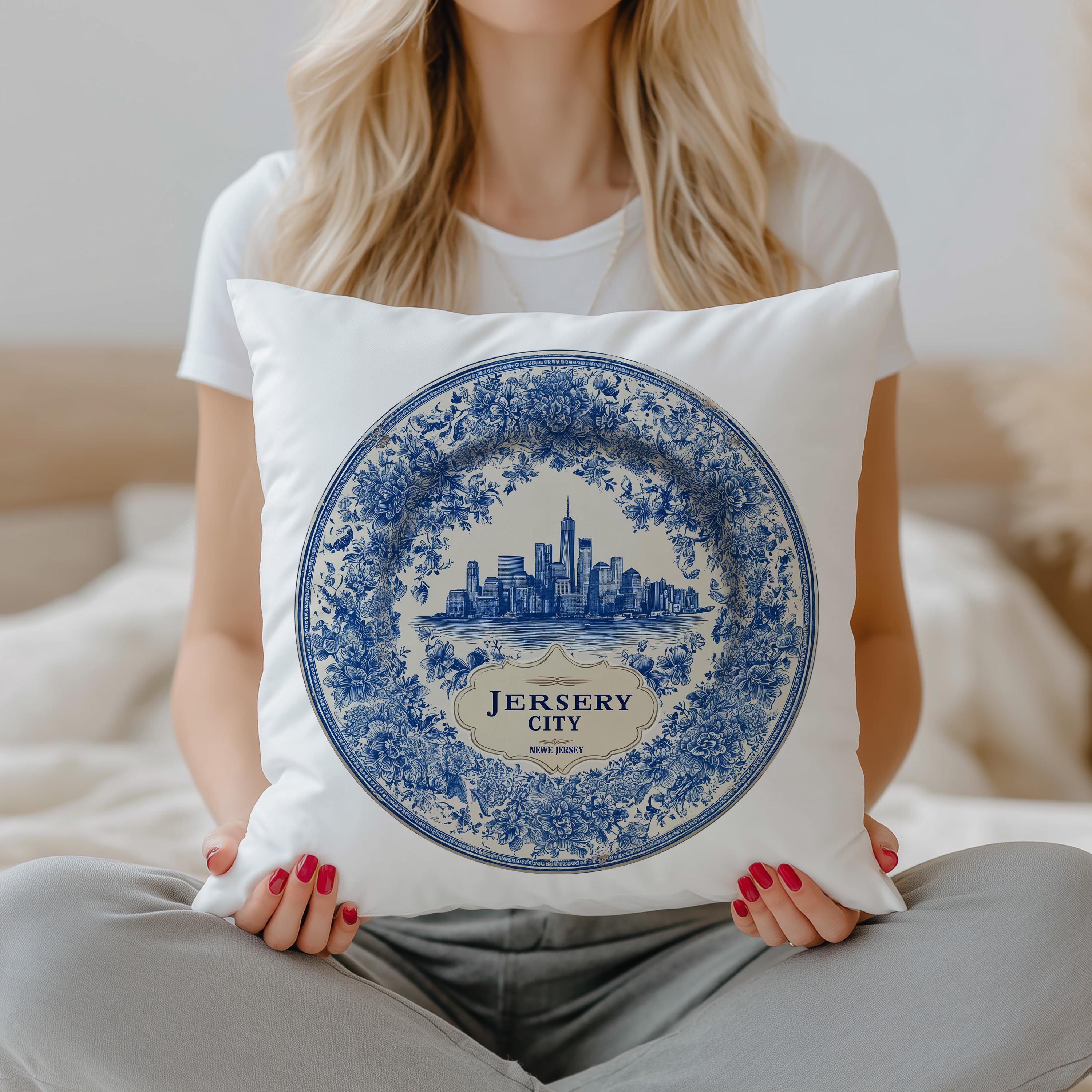 Jersey City New Jersey Pillowcase, Delft Style Decorative Throw Pillow, Vintage Cityscape Retro Home Decor