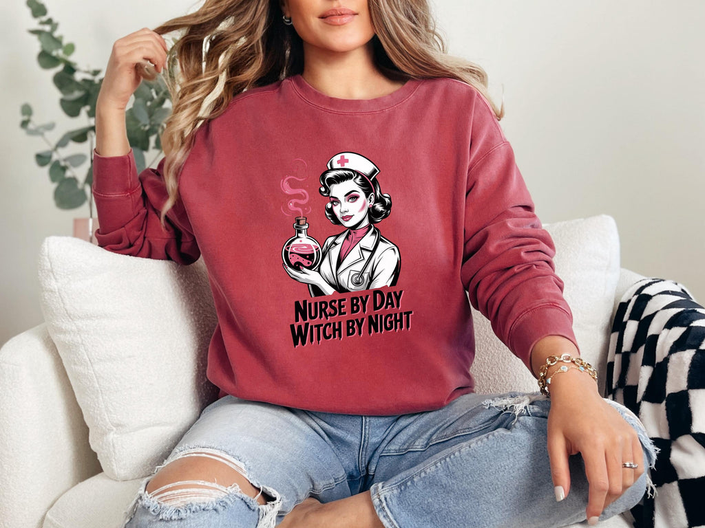 Nurse by Day Witch by Night Halloween Nurse Sweatshirt, Spooky RN Fall Top Cozy Autumn Pullover, Cute Retro Gift for Nurse