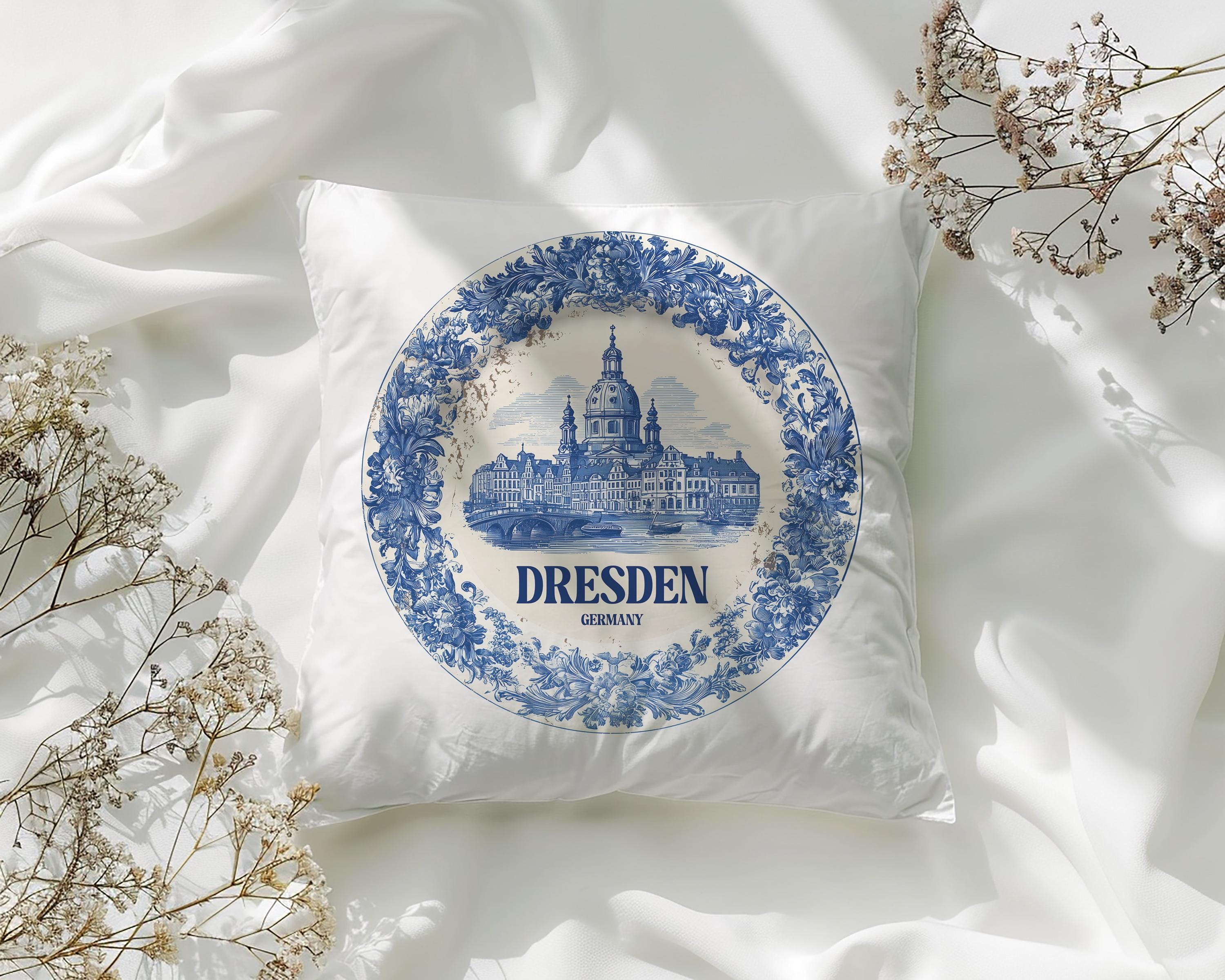 Dresden Germany Pillowcase, Delft Style Decorative Throw Pillow, Vintage Cityscape Retro Home Decor