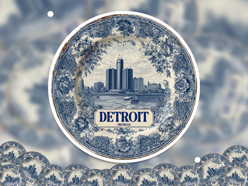 Detroit Michigan Sticker Vintage Delft style, Delftware Decal Waterproof Vinyl, Blue City Travel
