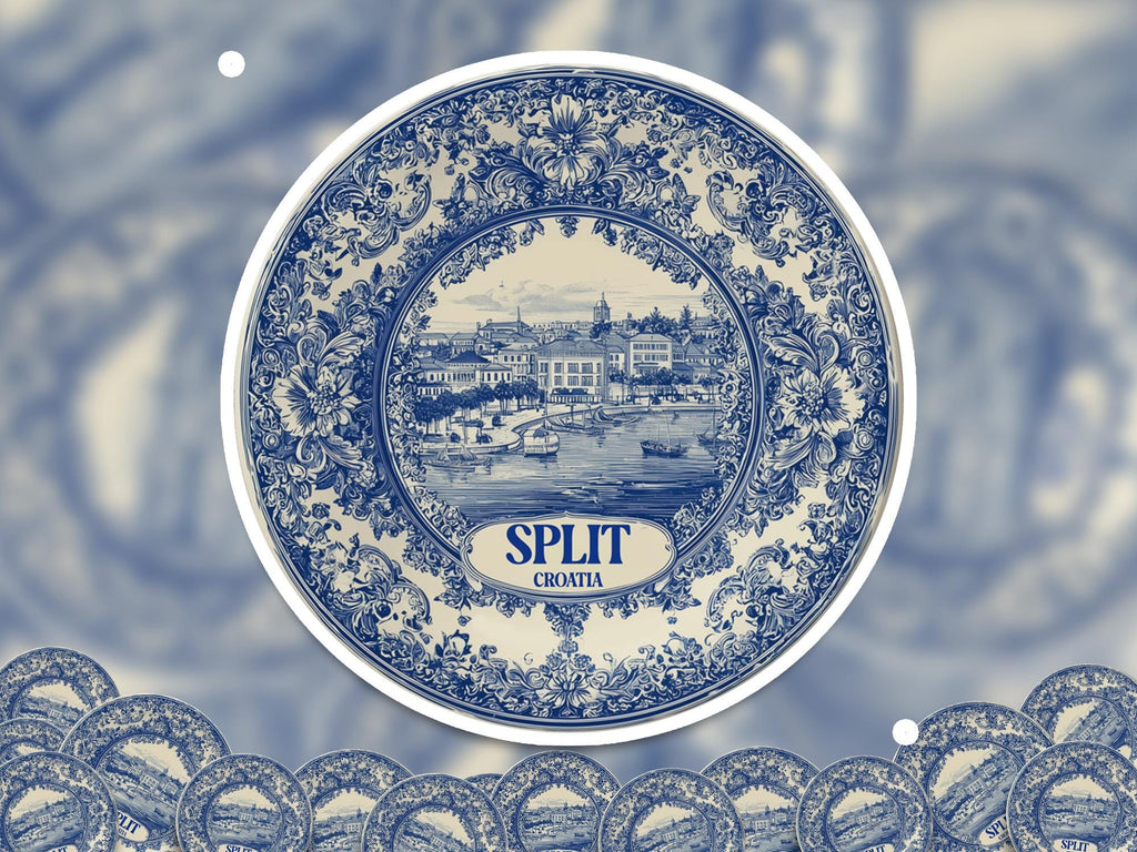 Split Croatia Sticker Vintage Delft style, Delftware Decal Waterproof Vinyl, Blue City Travel