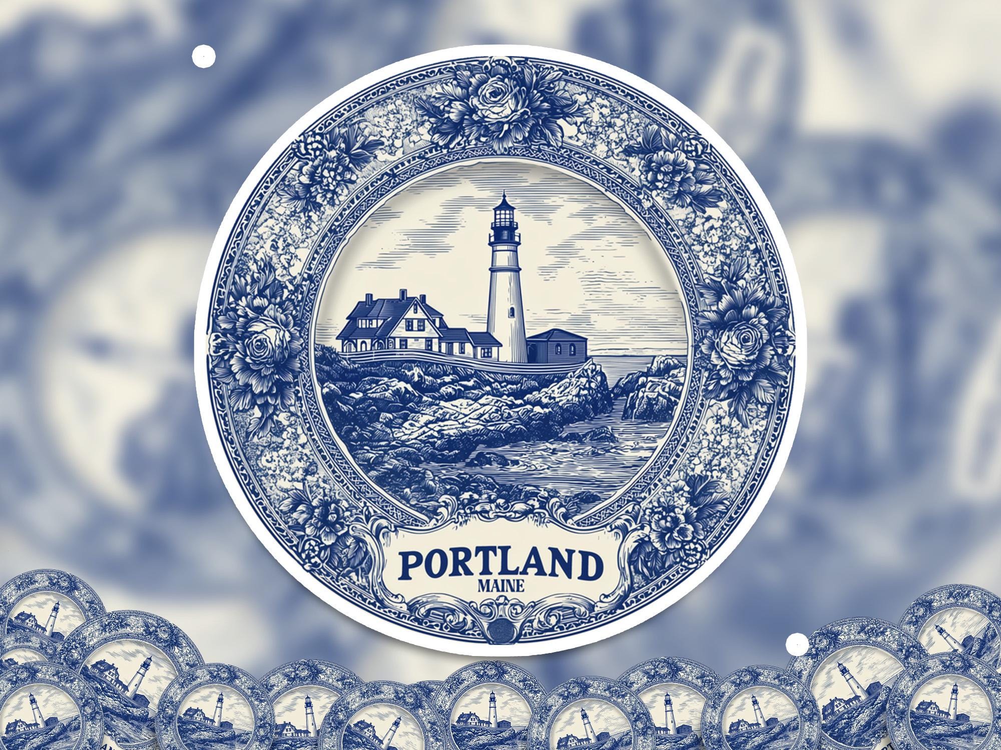 Portland Maine Sticker Vintage Delft style, Delftware Decal Waterproof Vinyl, Blue City Travel