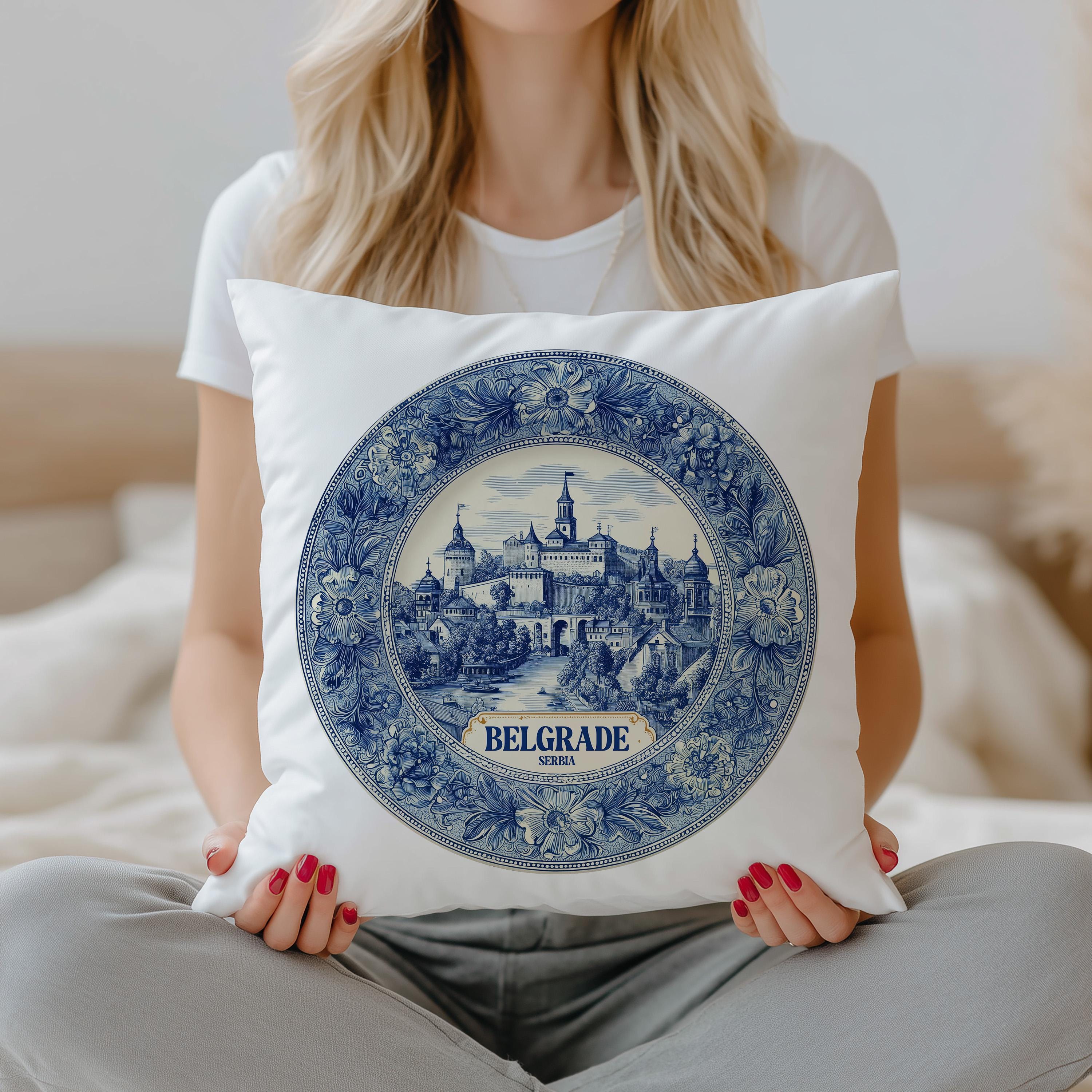Belgrade Serbia Pillowcase, Delft Style Decorative Throw Pillow, Vintage Cityscape Retro Home Decor