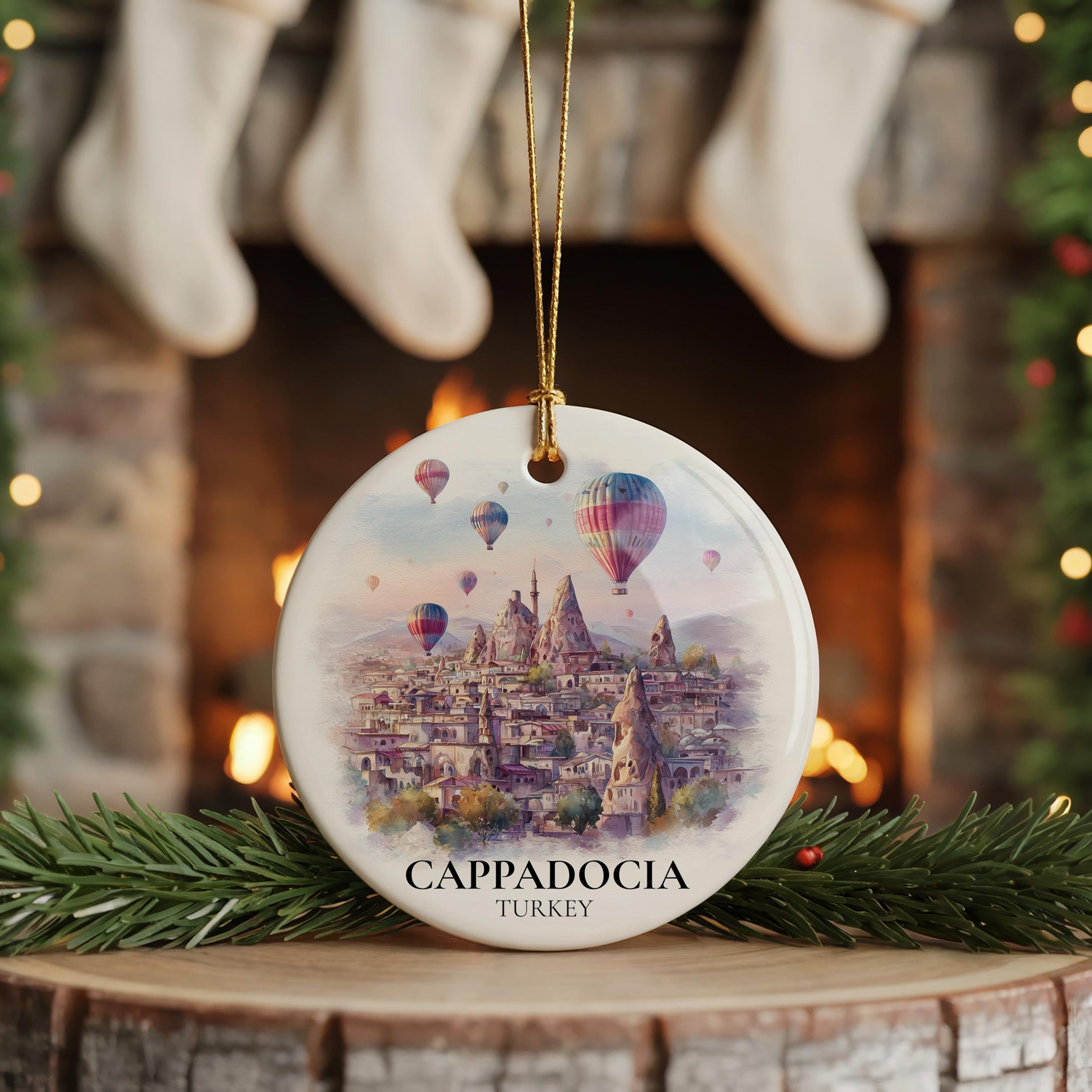 Cappadocia Turkey Personalized Watercolor Ornament, Custom Ceramic Christmas gift, Travel Keepsake