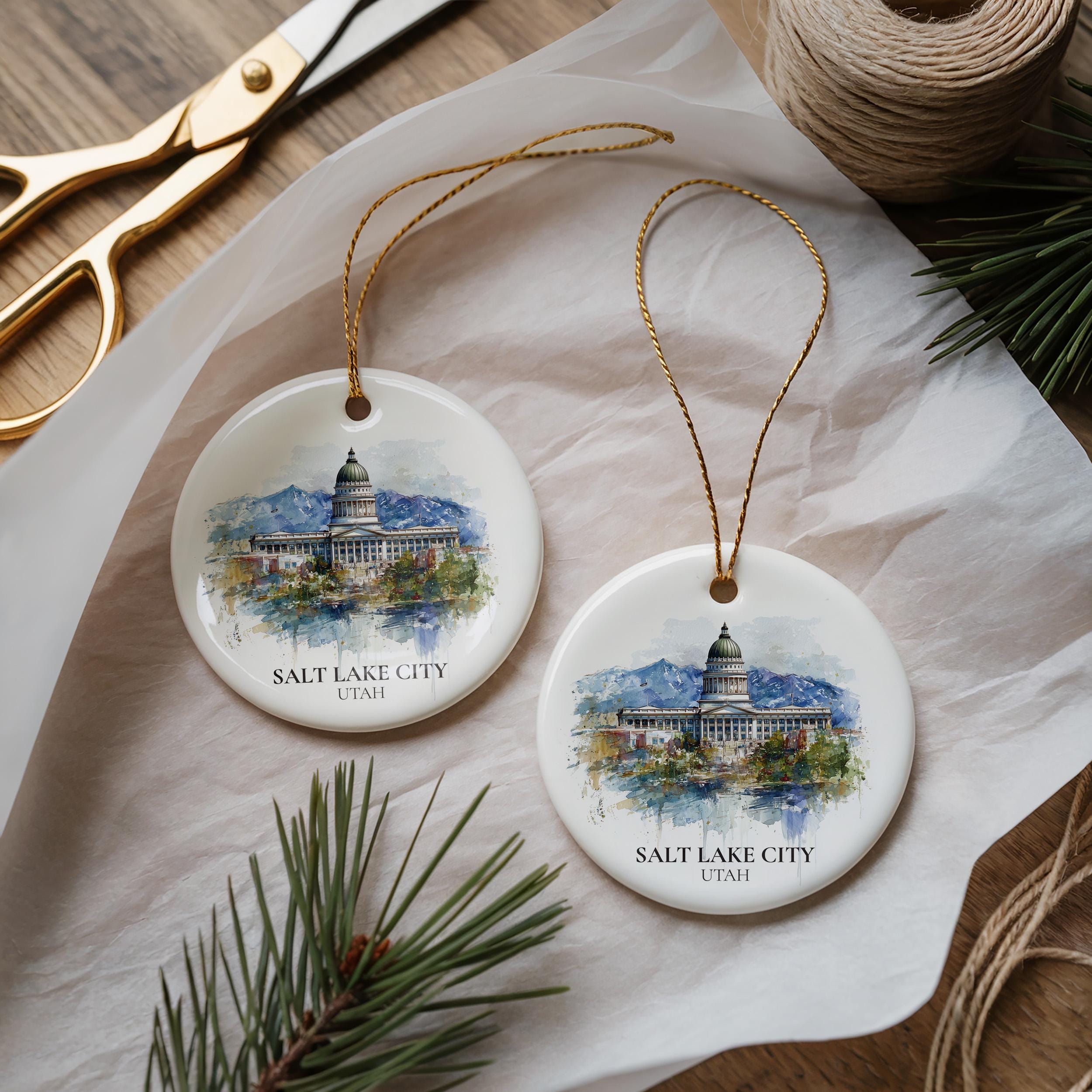 Salt Lake City Utah Personalized Watercolor Ornament, Custom Ceramic Christmas gift, Travel Keepsake