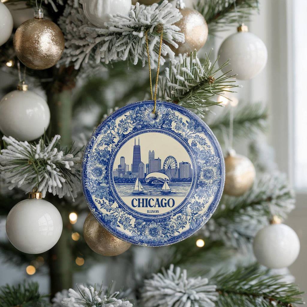 Custom Chicago Illinois US Ceramic Delft Ornament, Christmas Delftware Blue Delftware city travel