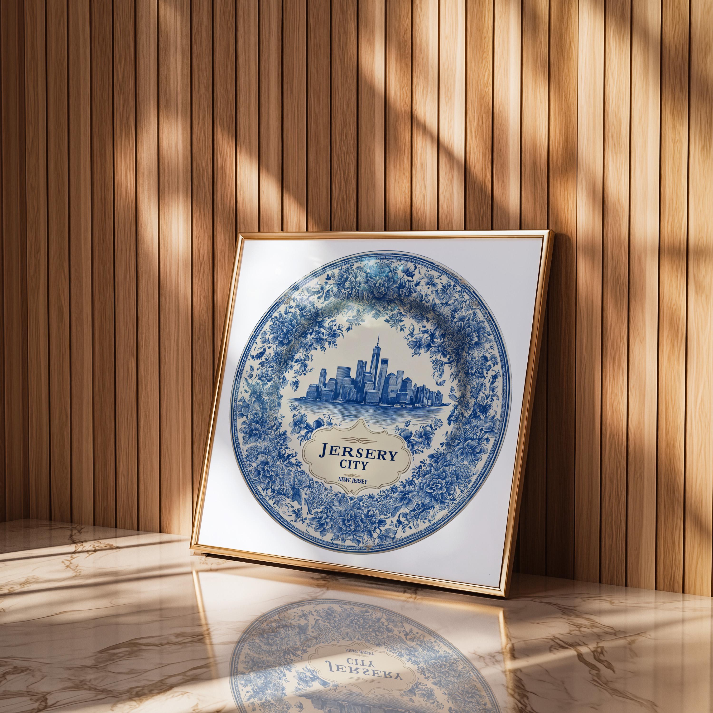 Jersey City New Jersey Wall Art, Vintage Delft Blue Poster, City Print, Travel Home Decor