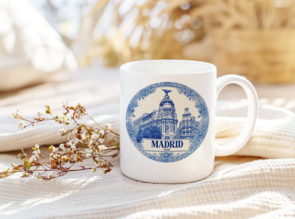 Madrid Spain Mug, Custom Delft Style cup, Personalized Vintage Travel City Gift