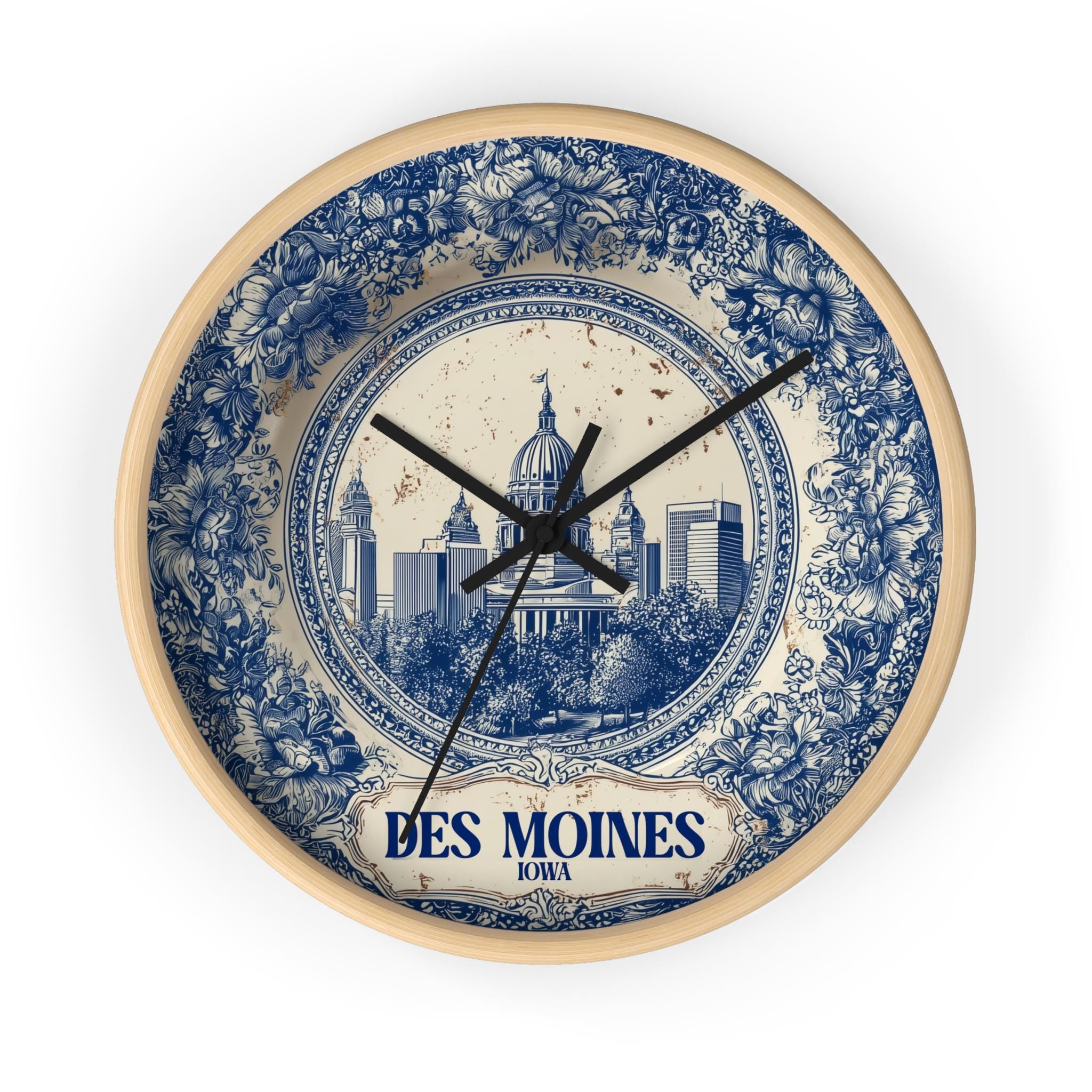 Des Moines Iowa Wall Clock, Delf style Home Decor, Vintage City Travel Keepsake Art