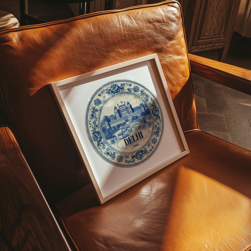 Delhi India Wall Art, Vintage Delft Blue Poster, City Print, Travel Home Decor