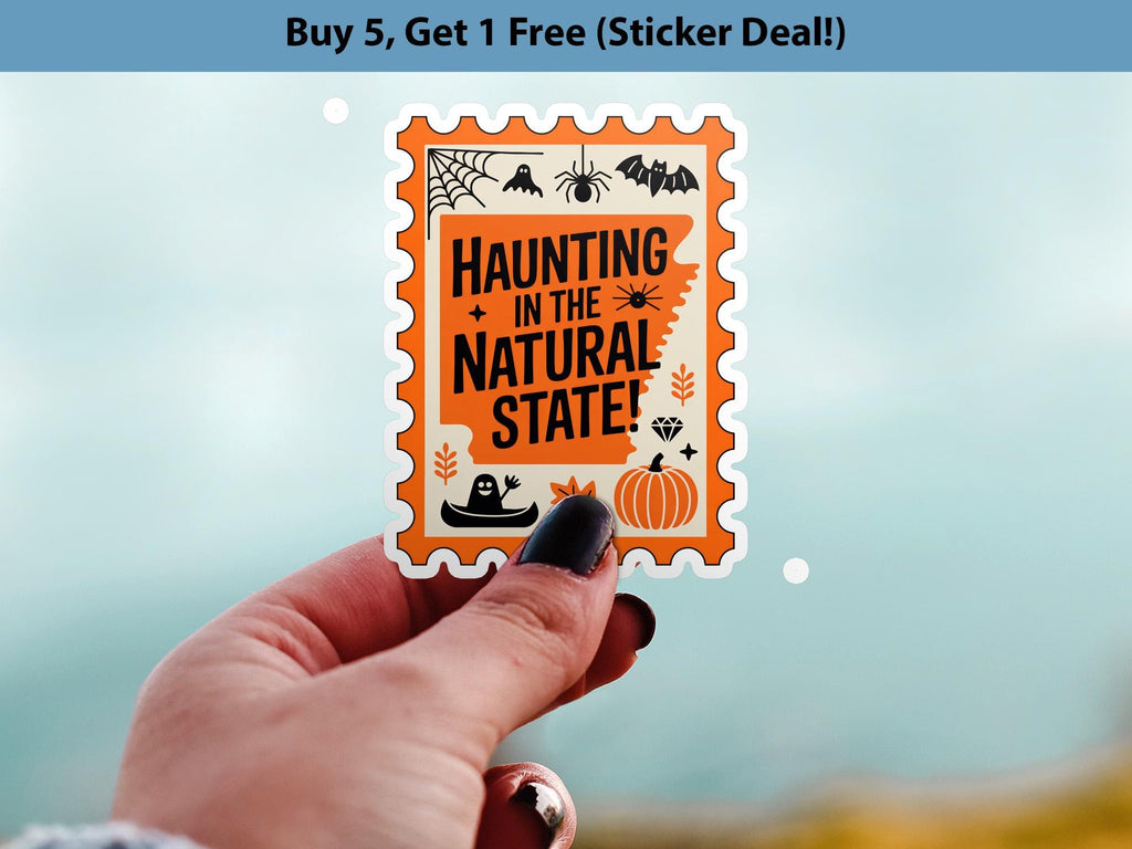 Arkansas Stamp Halloween Sticker, Spooky USA Kiss-Cut Vinyl, Waterproof Decal, United States Travel