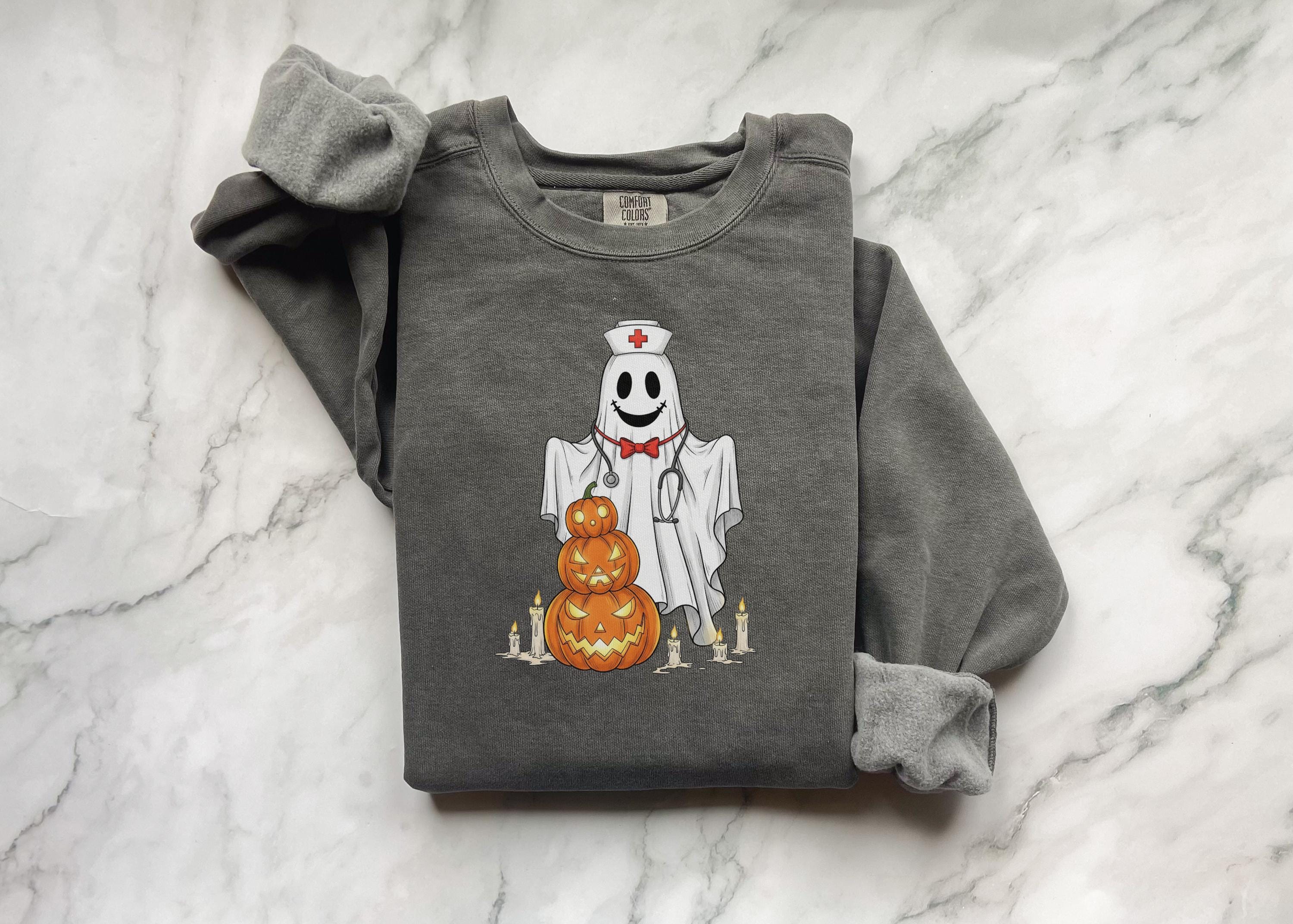 Vintage Ghost & Pumpkin Nurse Halloween Shirt, Spooky season Sweatshirt gift for Nurse and RN