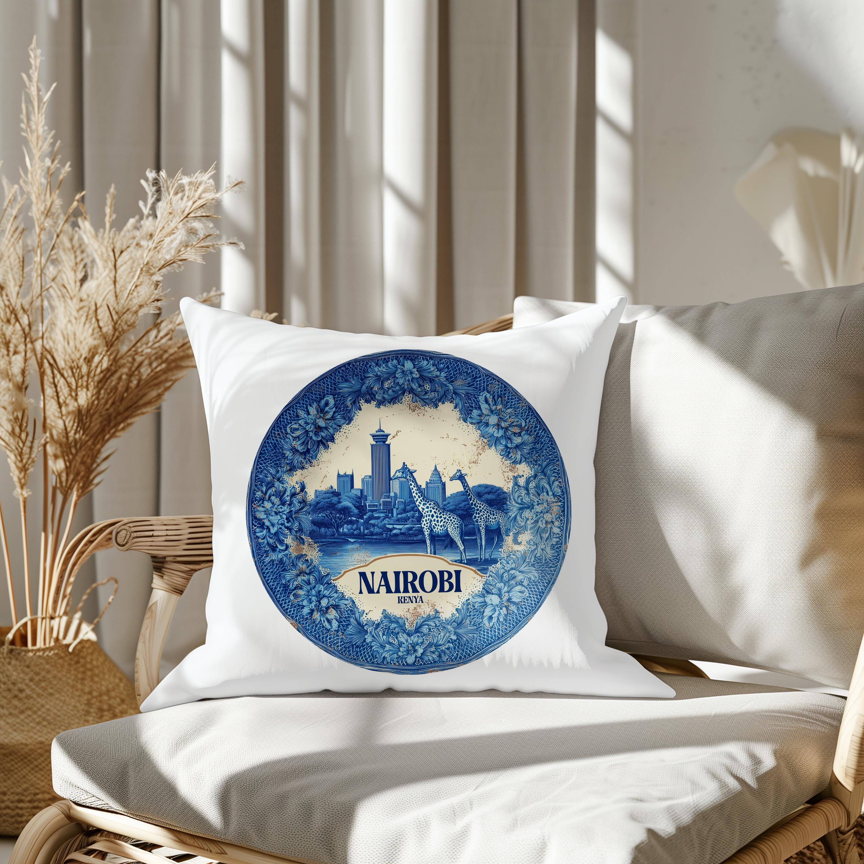 Nairobi Kenya Pillowcase, Delft Style Decorative Throw Pillow, Vintage Cityscape Retro Home Decor