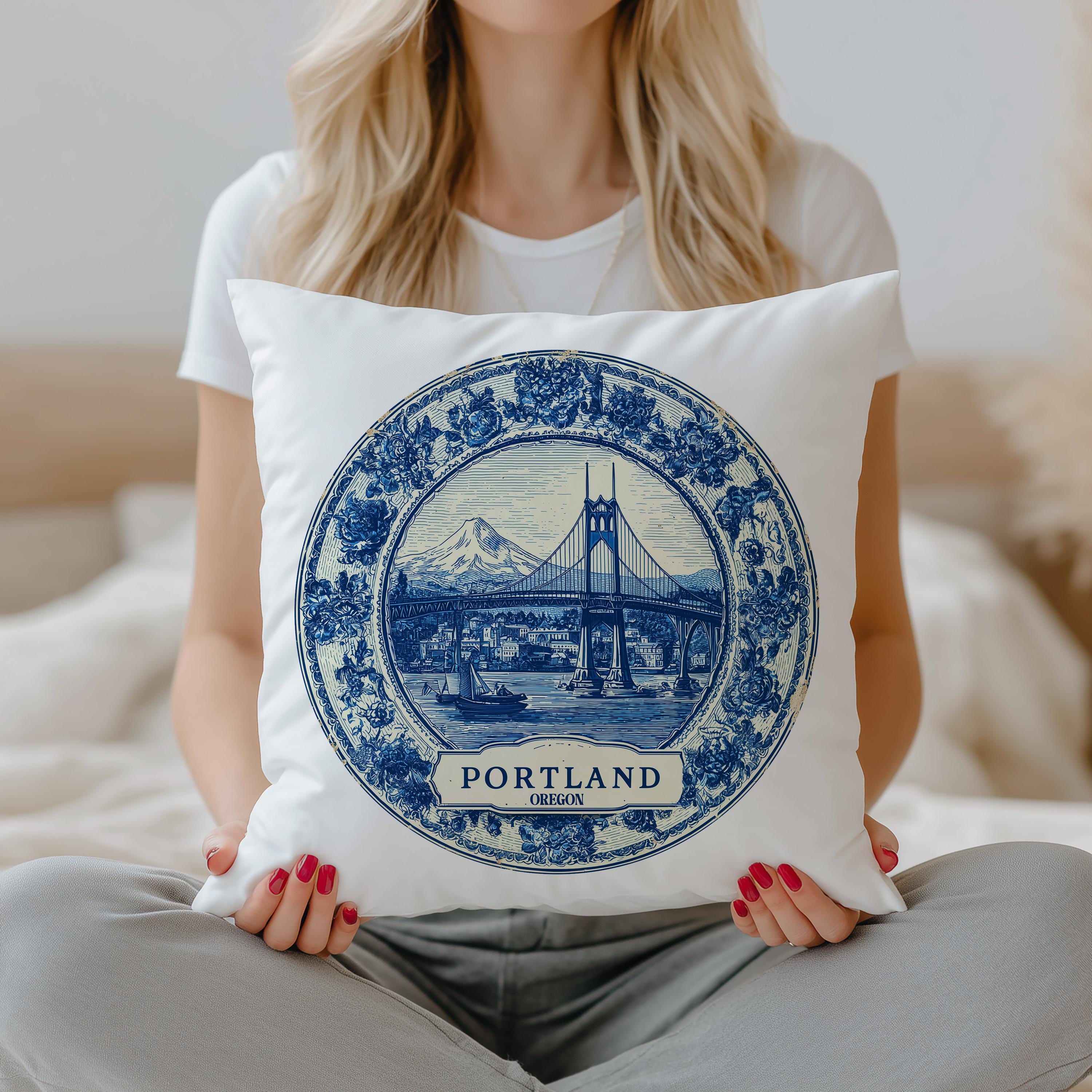 Portland Oregon Pillowcase, Delft Style Decorative Throw Pillow, Vintage Cityscape Retro Home Decor