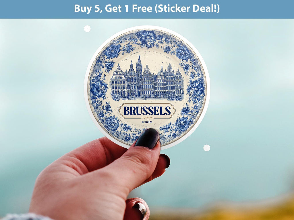 Brussels Belgium Sticker Vintage Delft style, Delftware Decal Waterproof Vinyl, Blue City Travel
