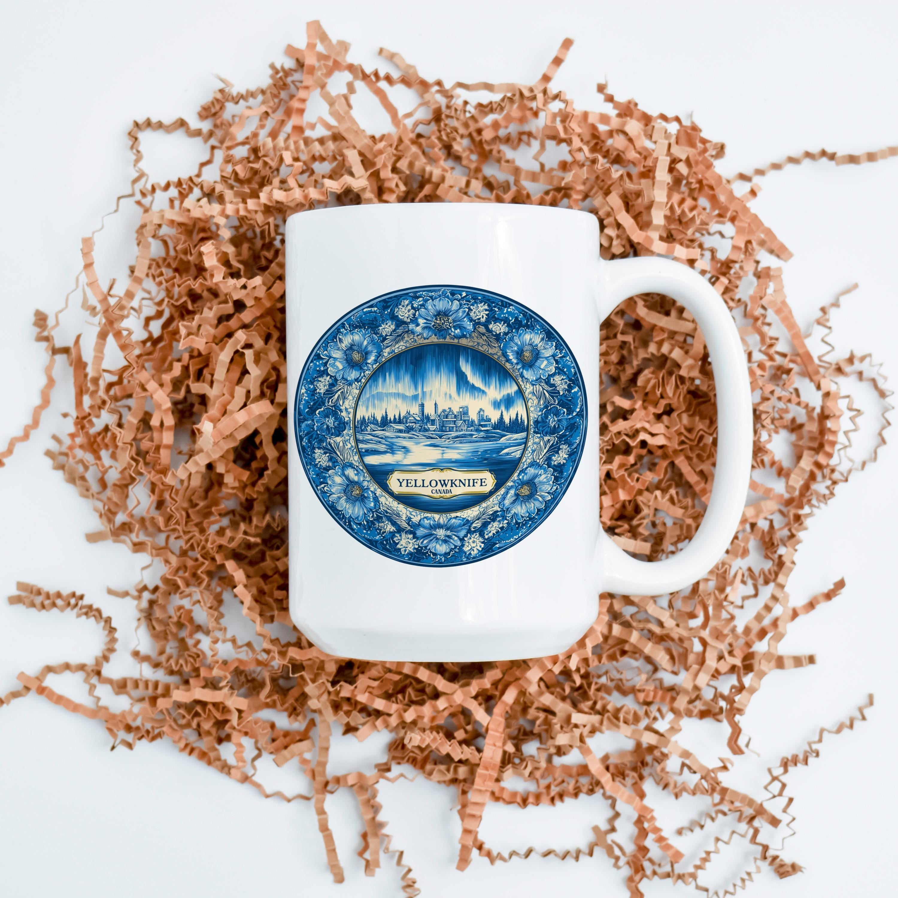 Yellowknife Canada Mug, Custom Delft Style cup, Personalized Vintage Travel City Gift
