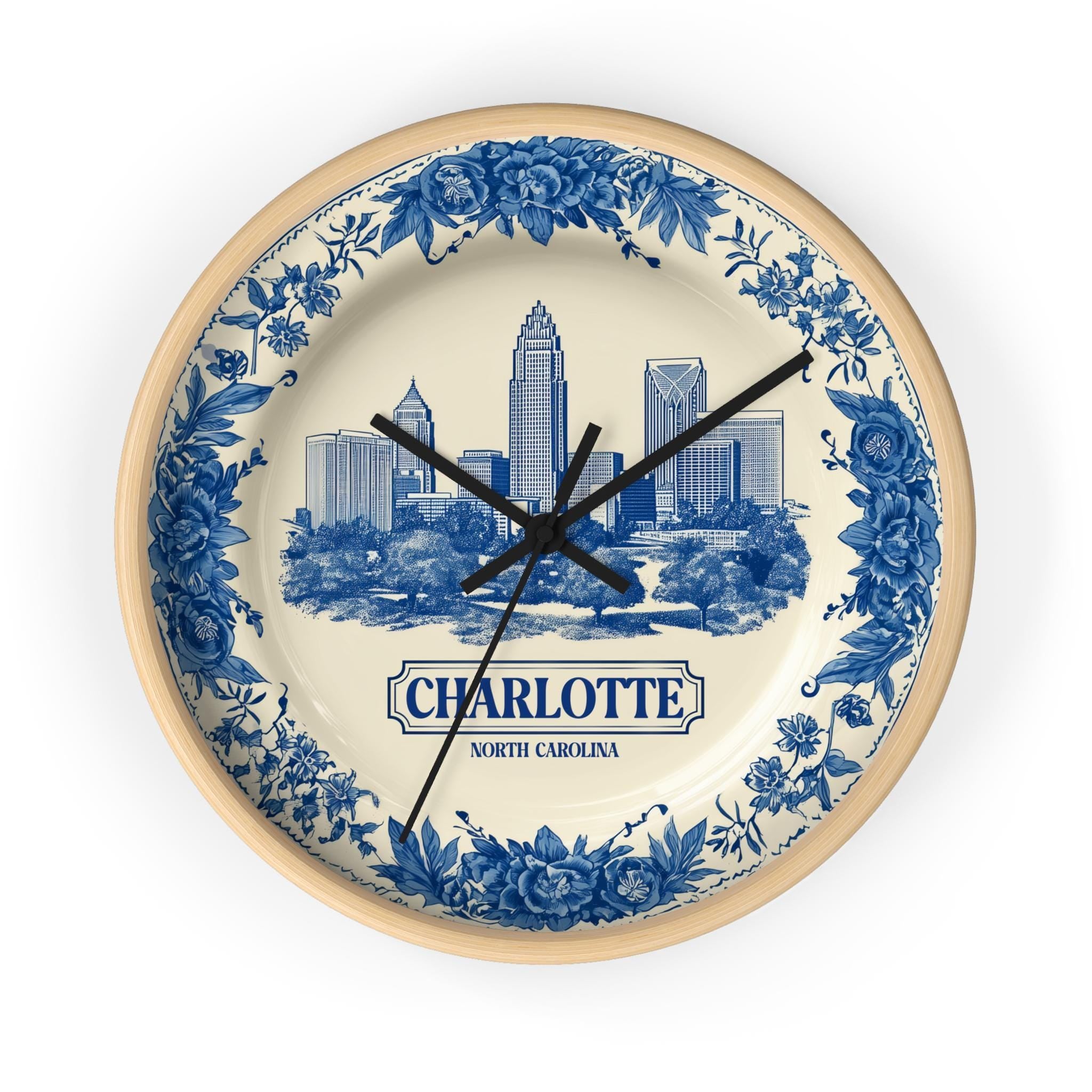 Charlotte North Carolina Wall Clock, Delf style Home Decor, Vintage City Travel Keepsake Art