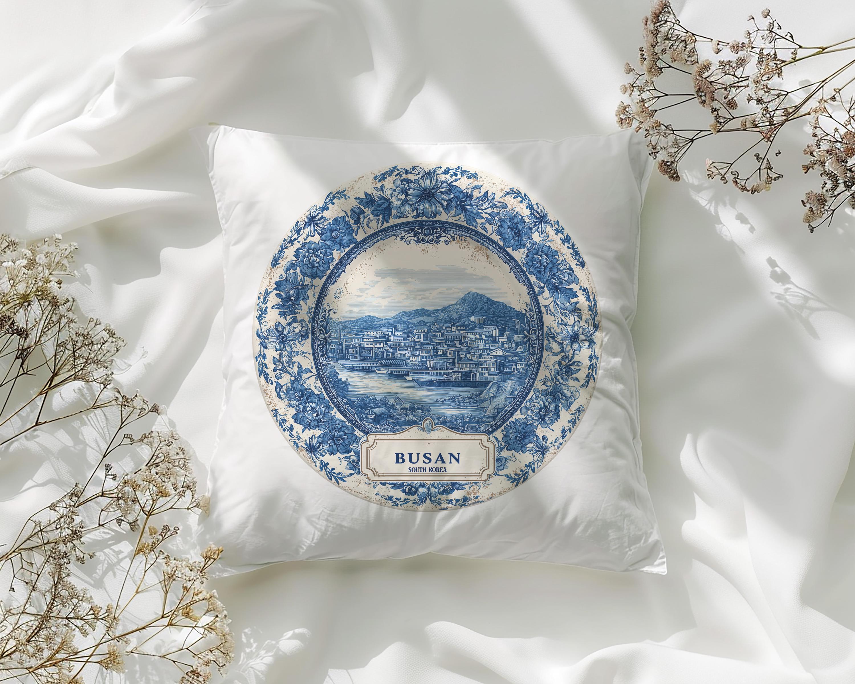 Busan South Korea Pillowcase, Delft Style Decorative Throw Pillow, Vintage Cityscape Retro Home Decor