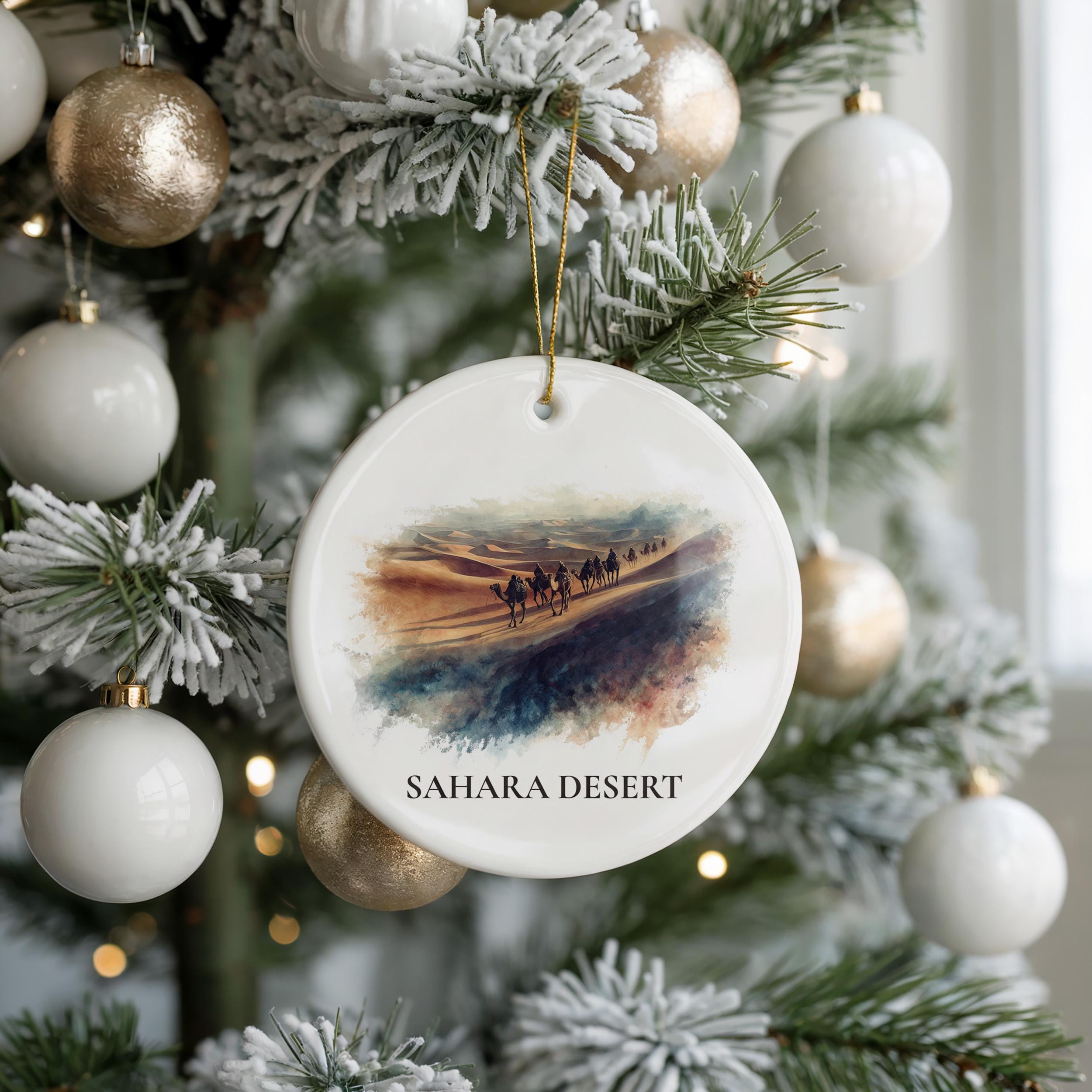 Sahara Desert Personalized Watercolor Ornament, Custom Ceramic Christmas gift, Travel Keepsake