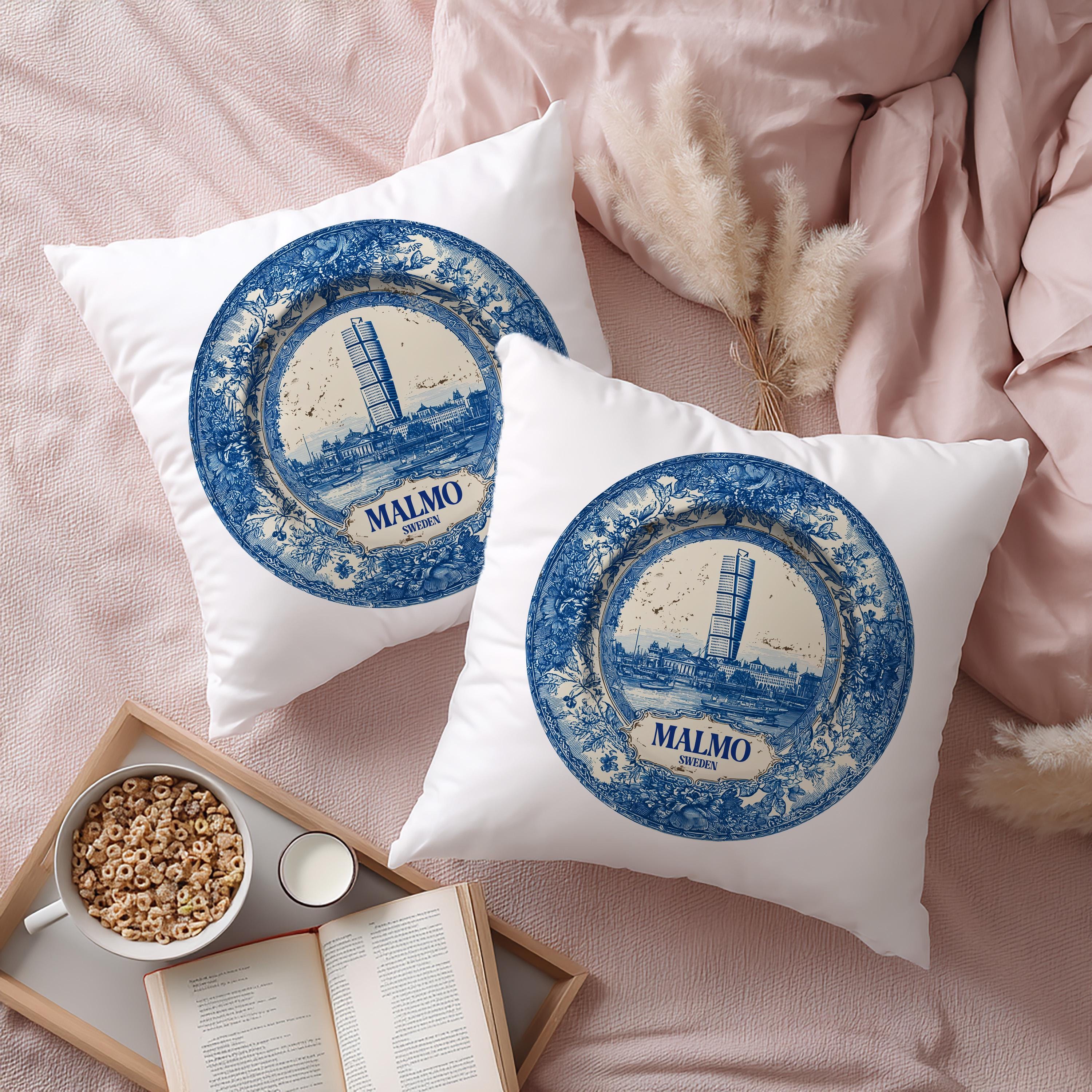 Malmo Sweden Pillowcase, Delft Style Decorative Throw Pillow, Vintage Cityscape Retro Home Decor