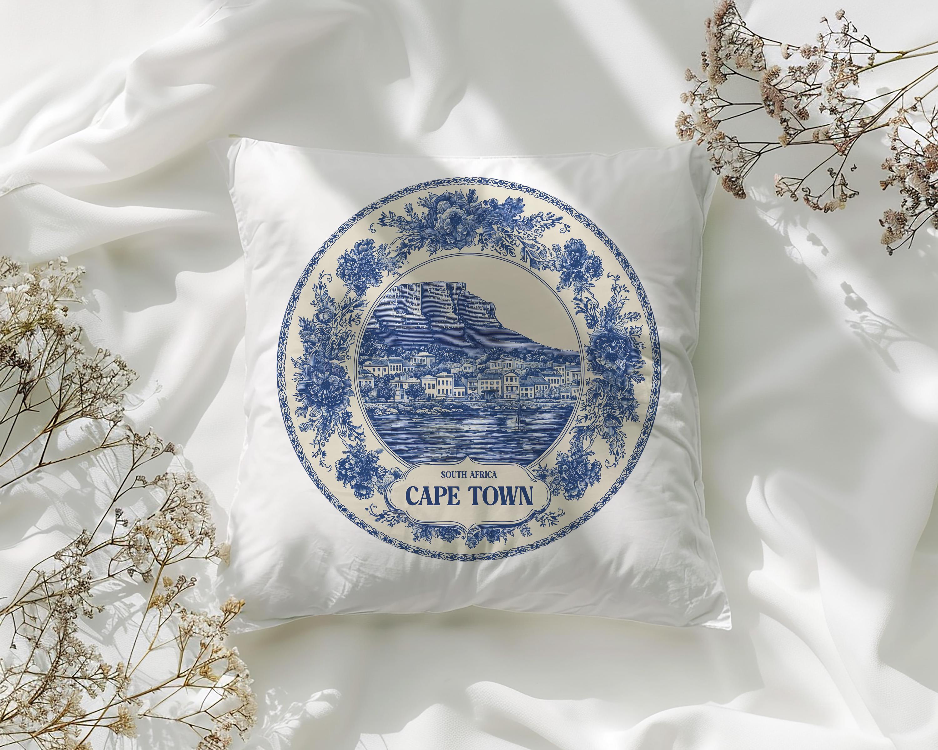 Cape Town South Africa Pillowcase, Delft Style Decorative Throw Pillow, Vintage Cityscape Retro Home Decor
