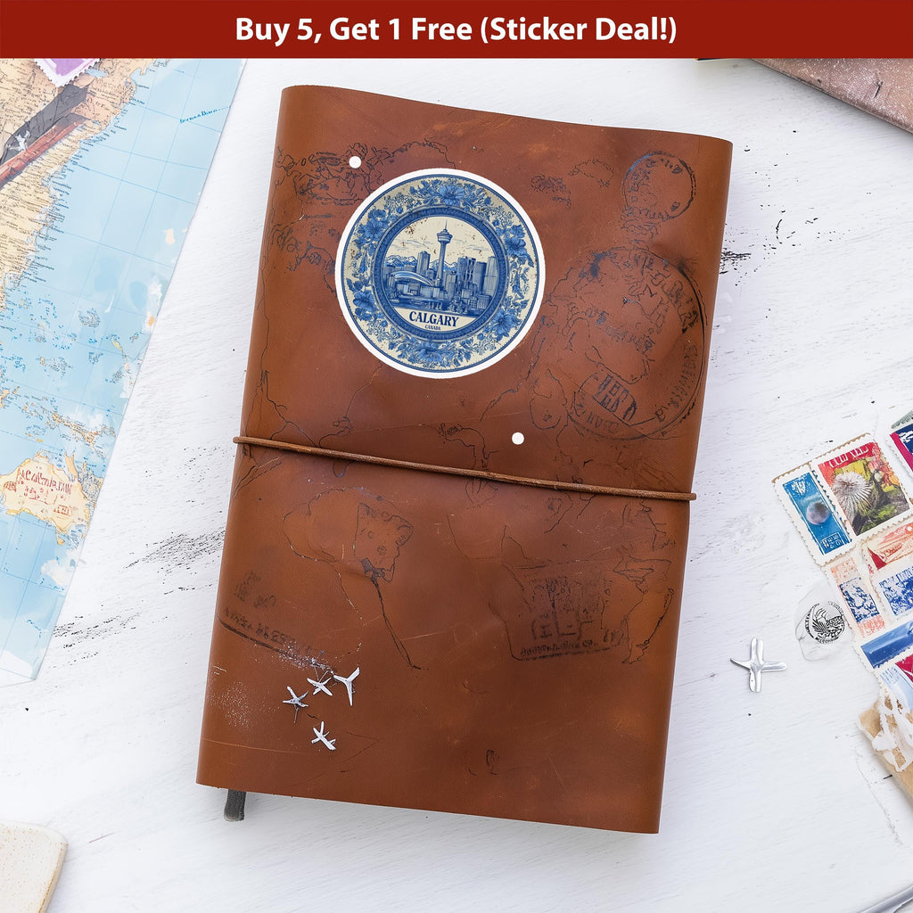 Calgary Canada Sticker Vintage Delft style, Delftware Decal Waterproof Vinyl, Blue City Travel