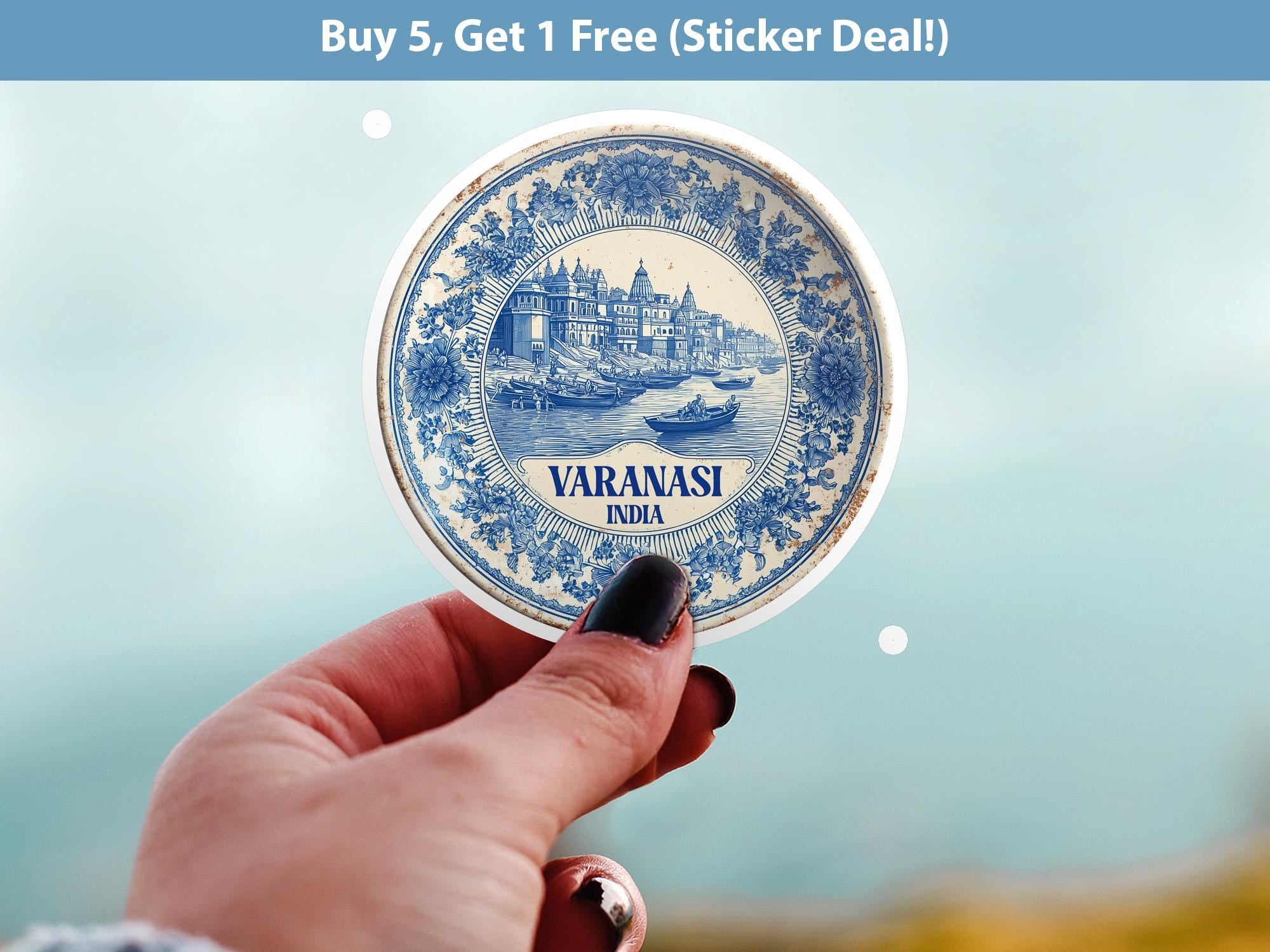 Varanasi India Sticker Vintage Delft style, Delftware Decal Waterproof Vinyl, Blue City Travel
