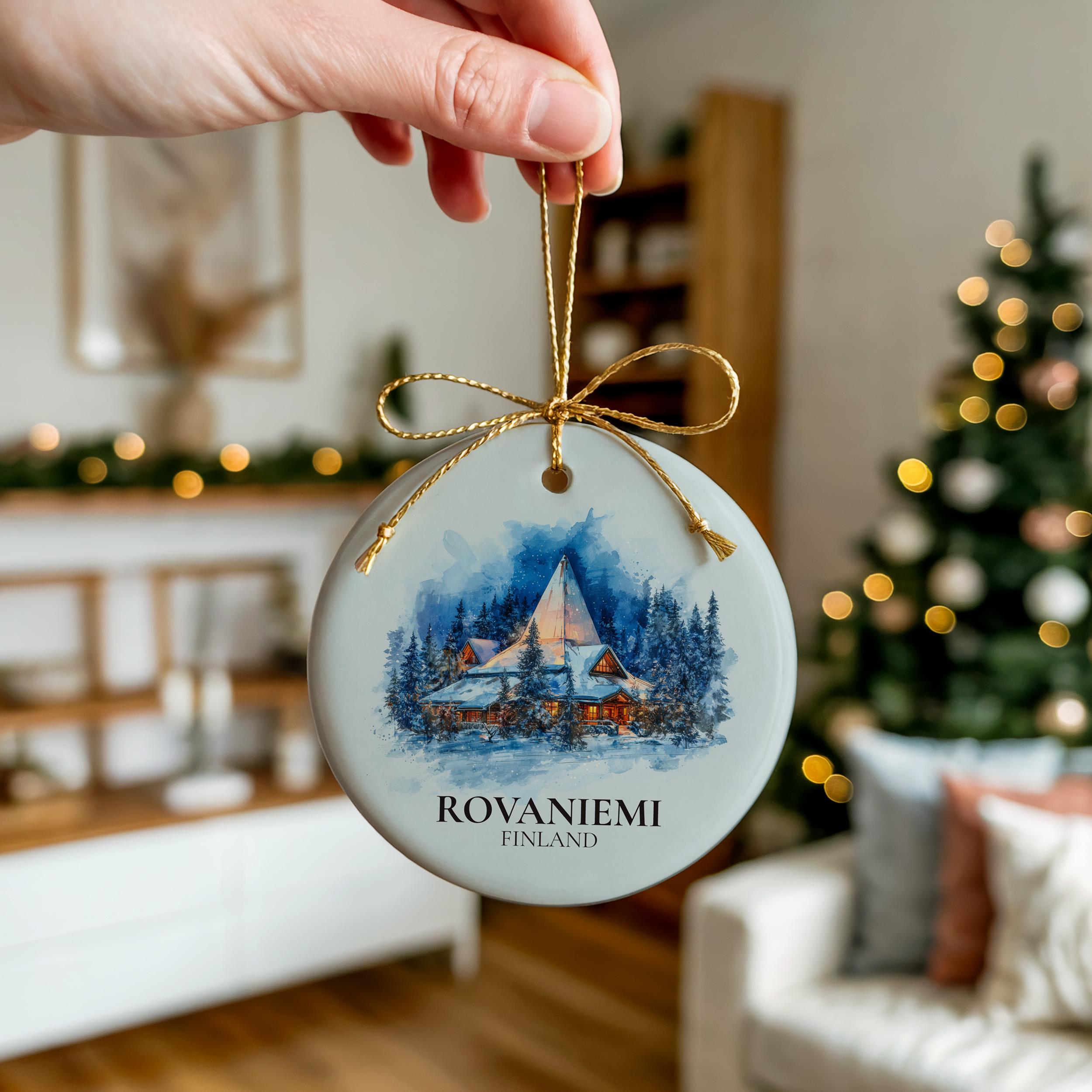 Rovaniemi Finland Personalized Watercolor Ornament, Custom Ceramic Christmas gift, Travel Keepsake