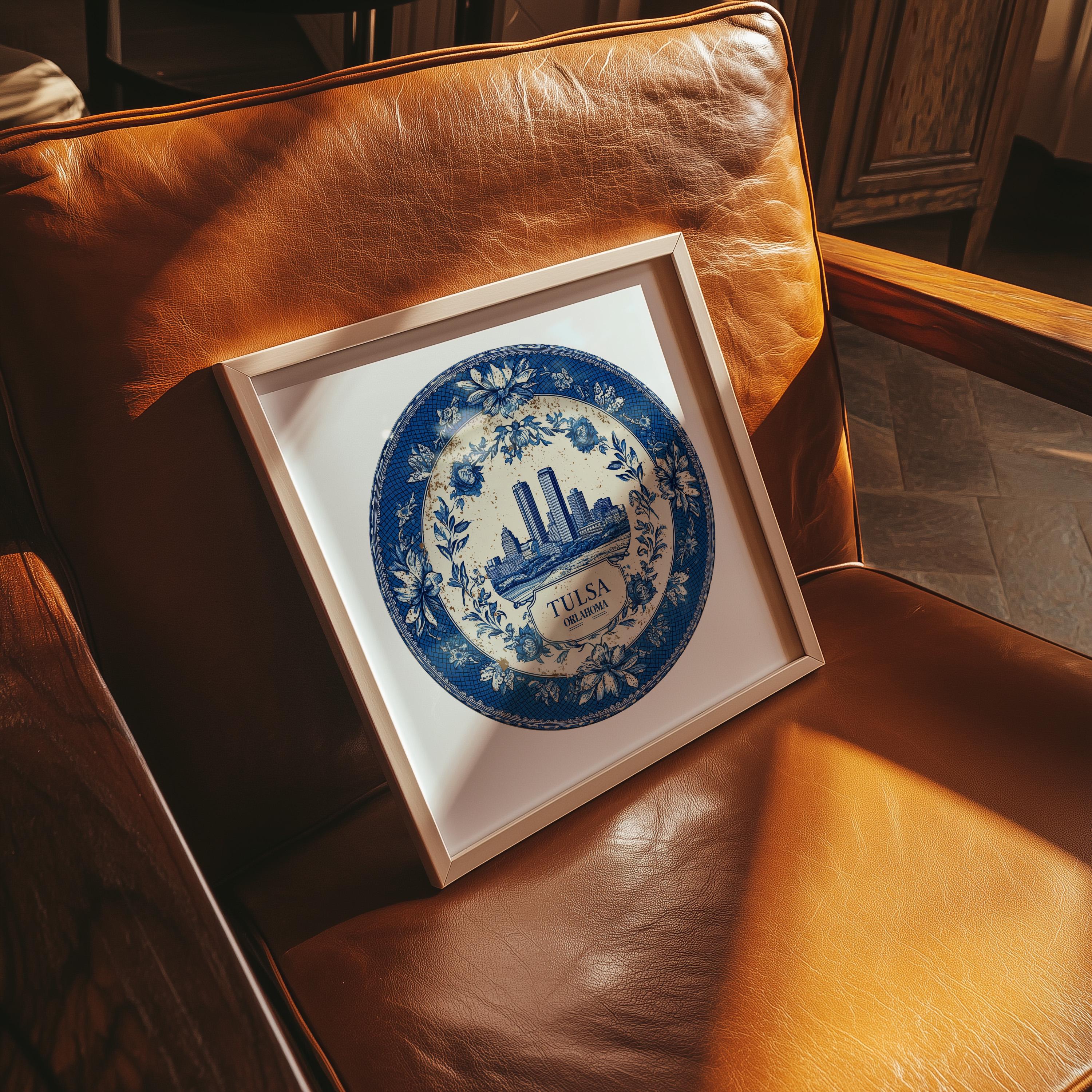Tulsa Oklahoma Wall Art, Vintage Delft Blue Poster, City Print, Travel Home Decor