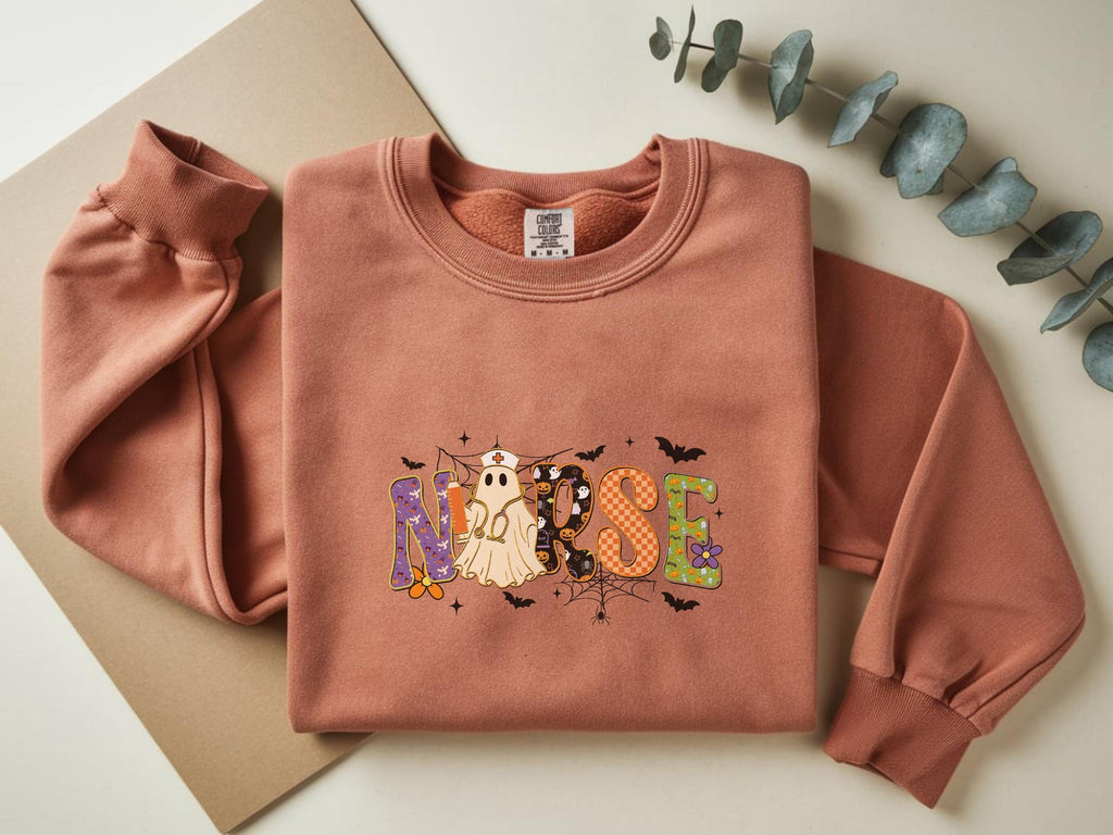 Halloween Nurse Sweatshirt, Retro NURSE Letter Print Fall Pullover, Comfort Colors Spooky RN Crewneck, Cute Halloween Nurse Gift