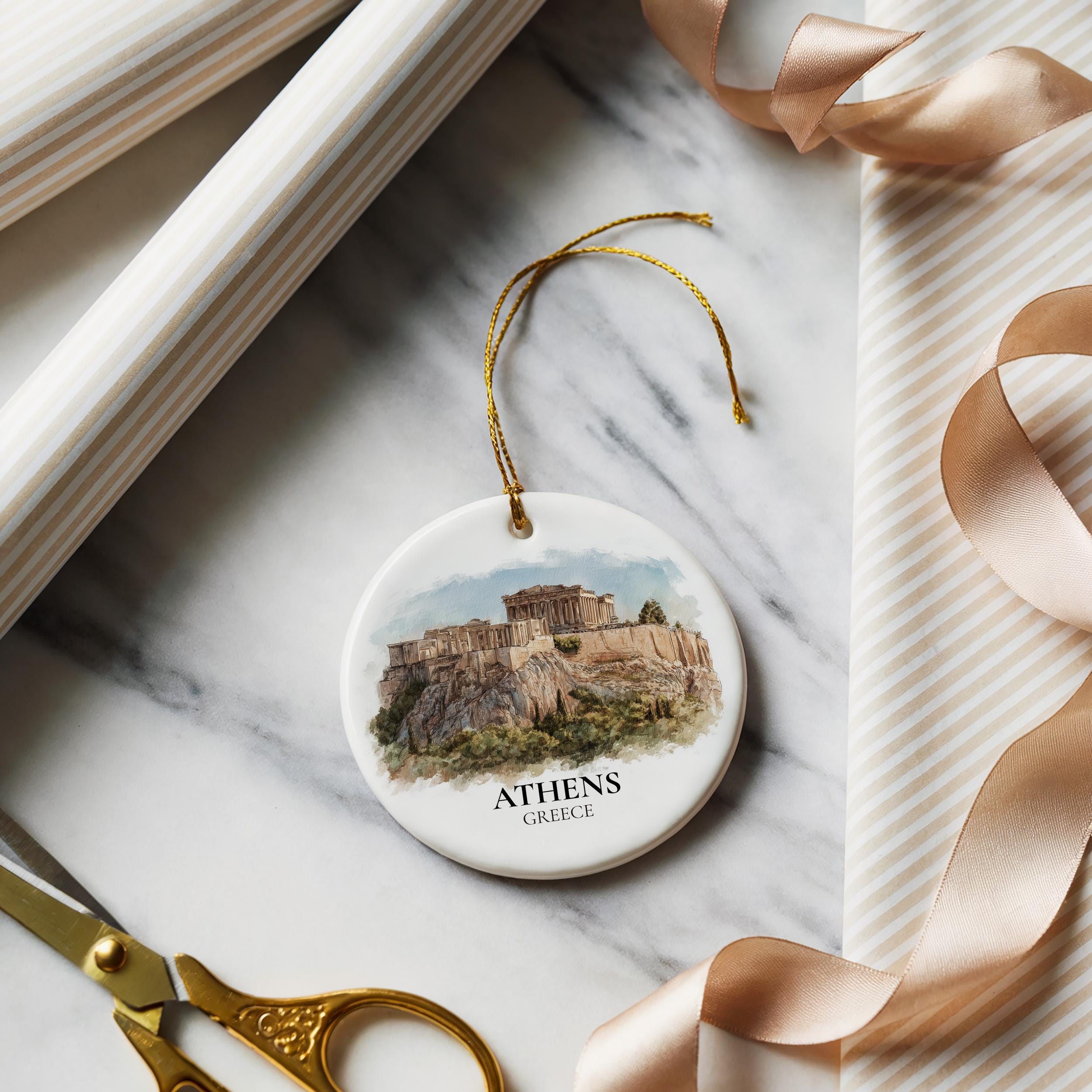 Athens Greece Custom Watercolor Ornament, Personalized Ceramic Christmas gift, Travel Keepsake