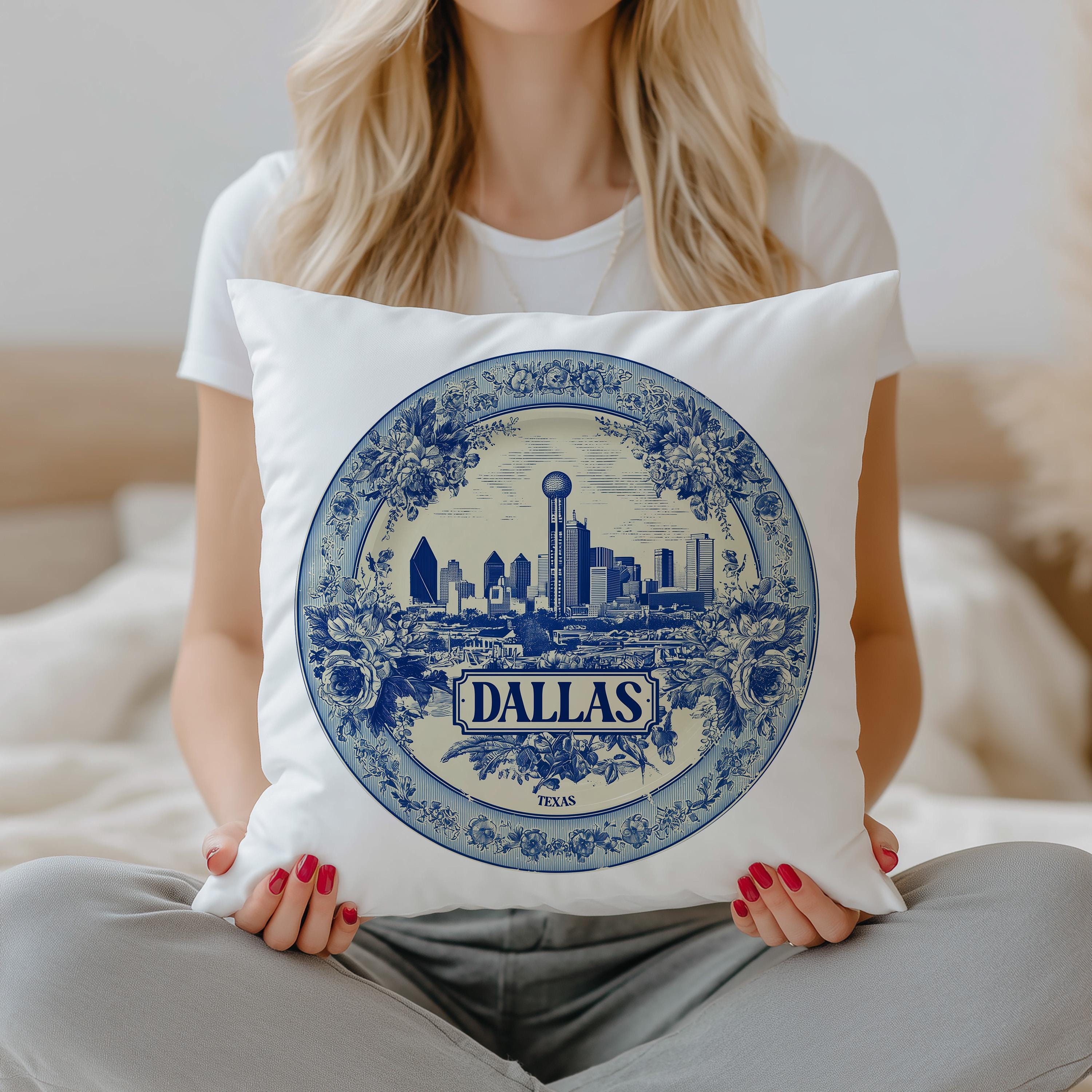 Dallas Texas Pillowcase, Delft Style Decorative Throw Pillow, Vintage Cityscape Retro Home Decor