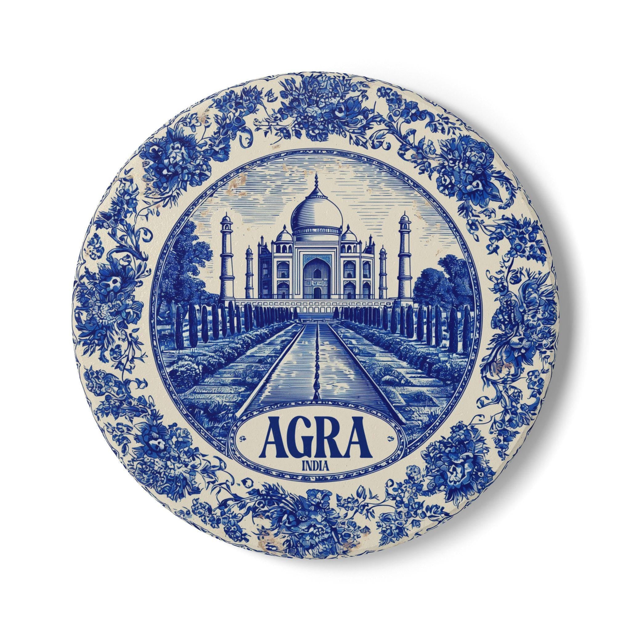 Agra India Delftware Ceramic Coaster, Blue White Travel Gift, Vintage Home Decor Collectible