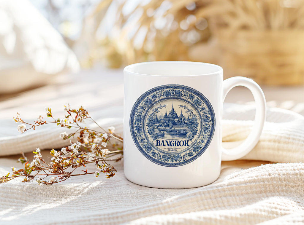 Bangkok Thailand Mug, Custom Delft Style cup, Personalized Vintage Travel City Gift