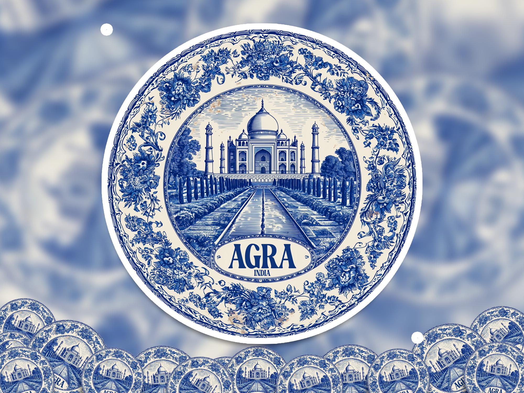 Agra India Sticker Vintage Delft style, Delftware Decal Waterproof Vinyl, Blue City Travel