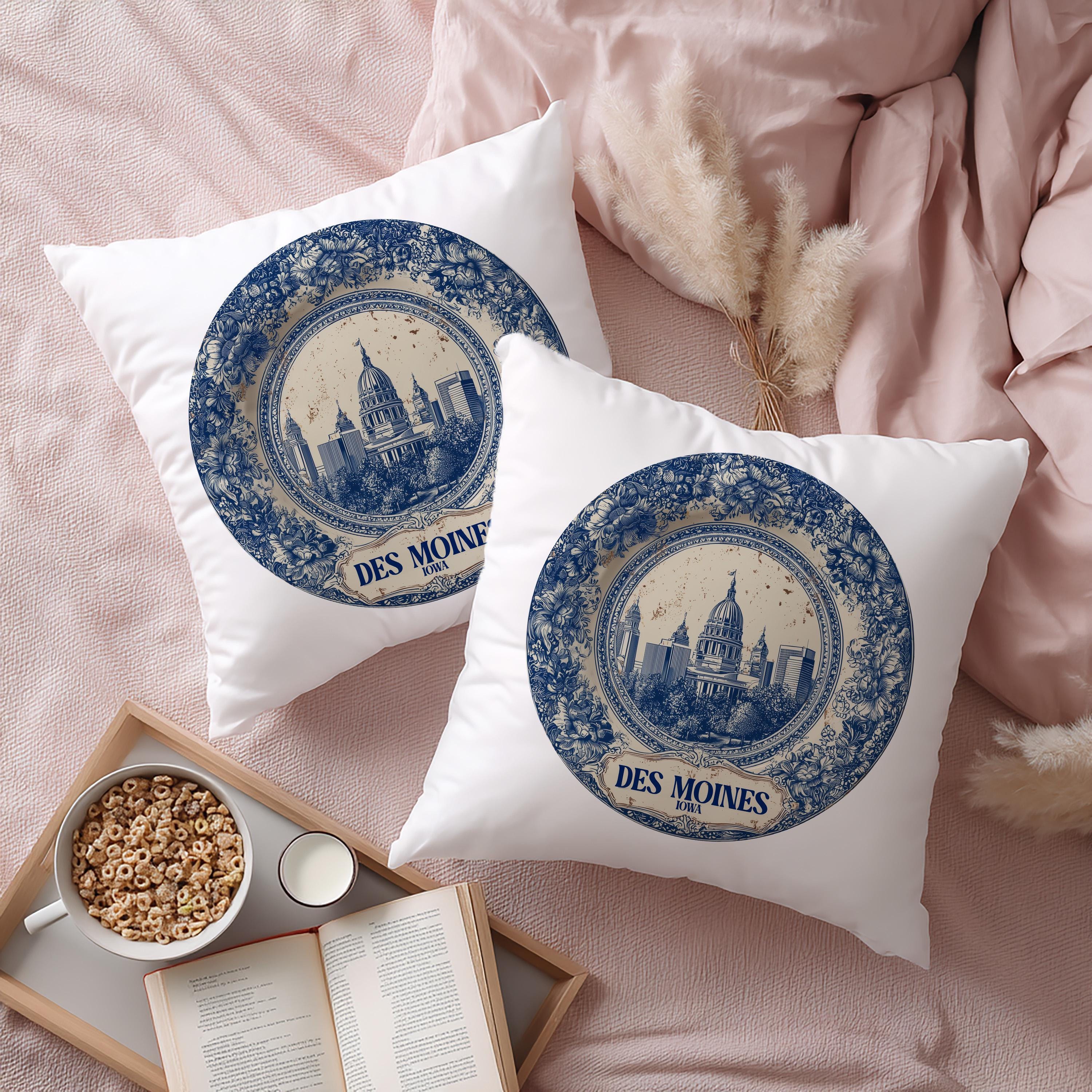 Des Moines Iowa Pillowcase, Delft Style Decorative Throw Pillow, Vintage Cityscape Retro Home Decor