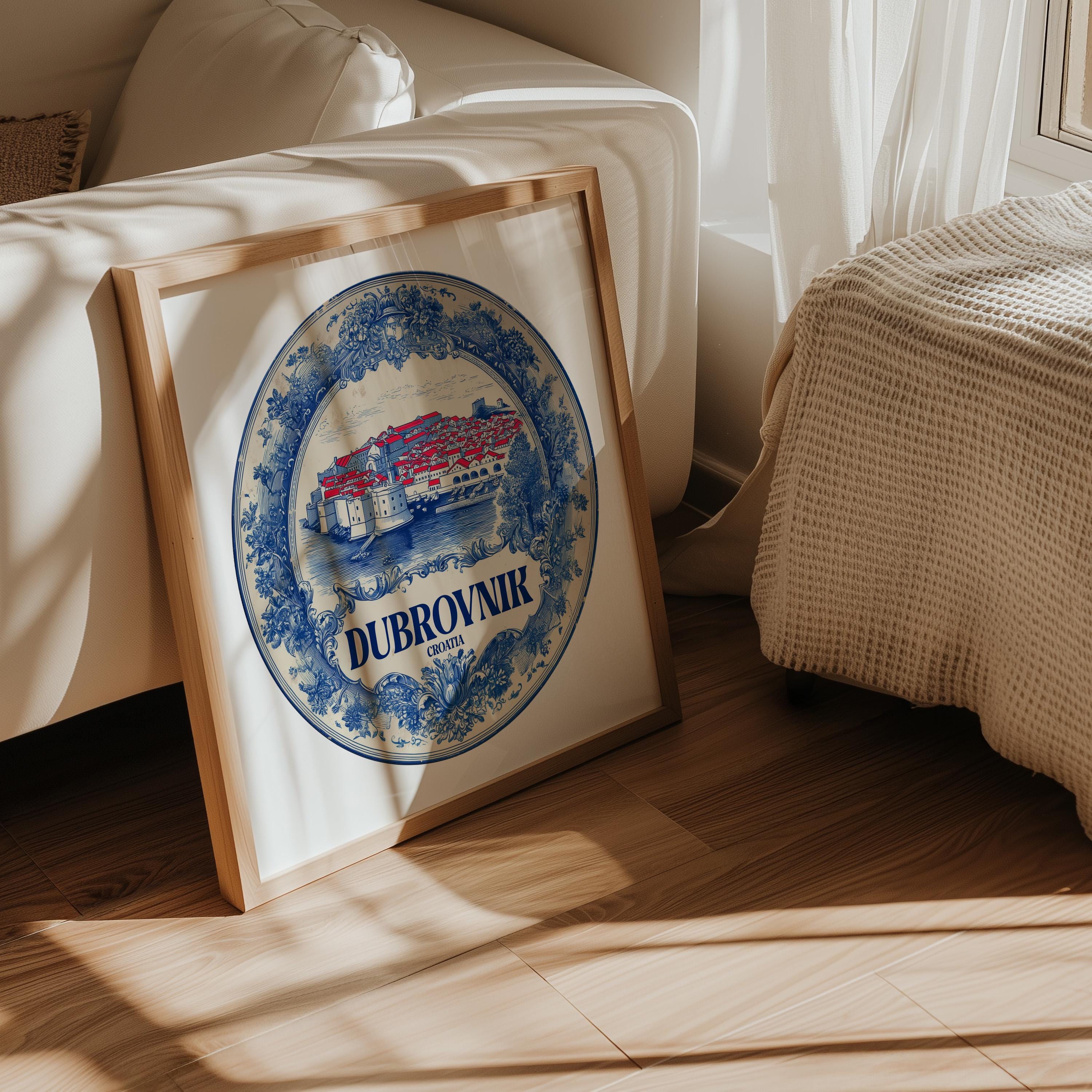 Dubrovnik Croatia Wall Art, Vintage Delft Blue Poster, City Print, Travel Home Decor